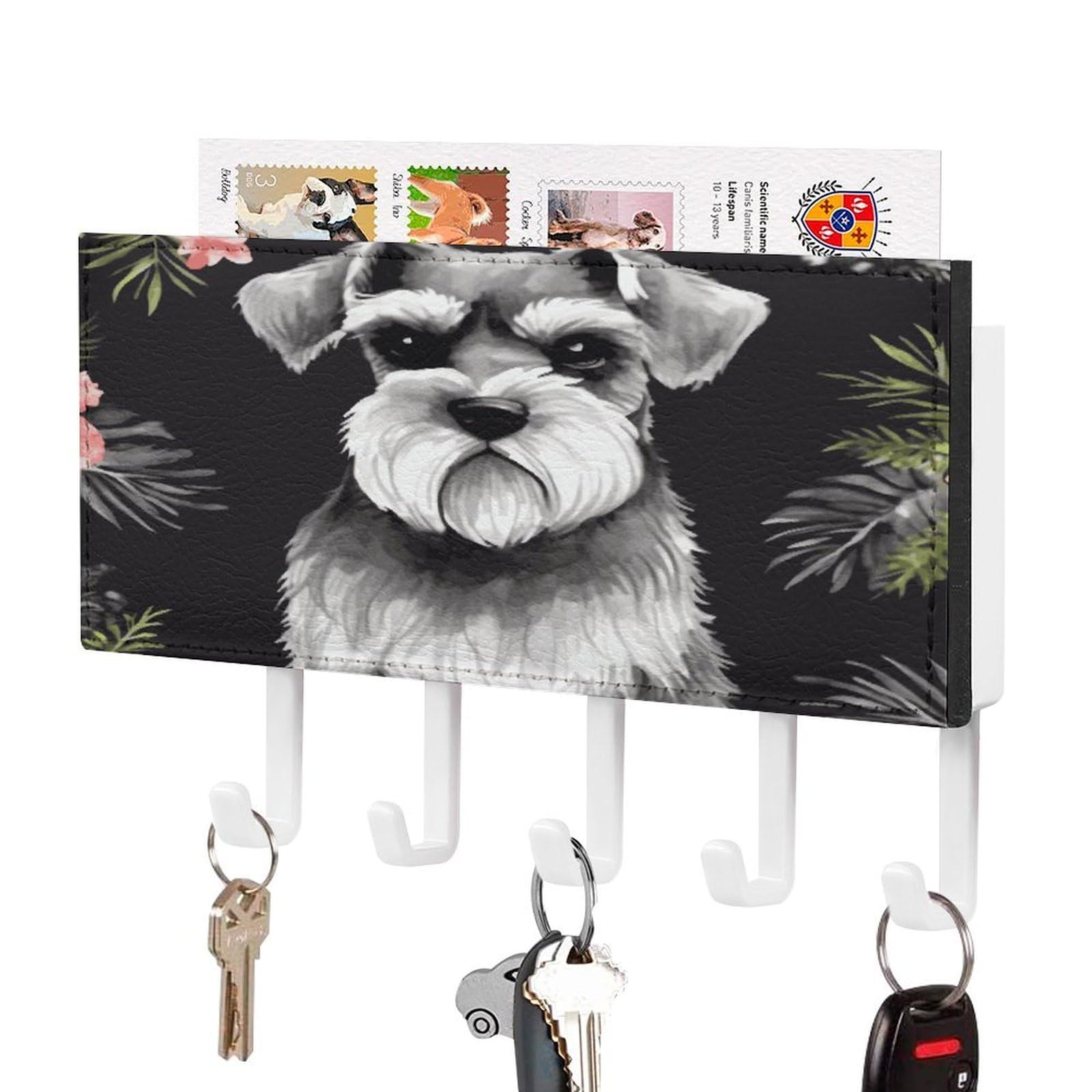 FekiLoot Schnauzer Key Holder for Wall Decorative Mail Organizer with 5 Key Hook Self Adhesive Key Rack with Tray Coat Rack Wall Mount Key Hanger Decor for Entryway Door