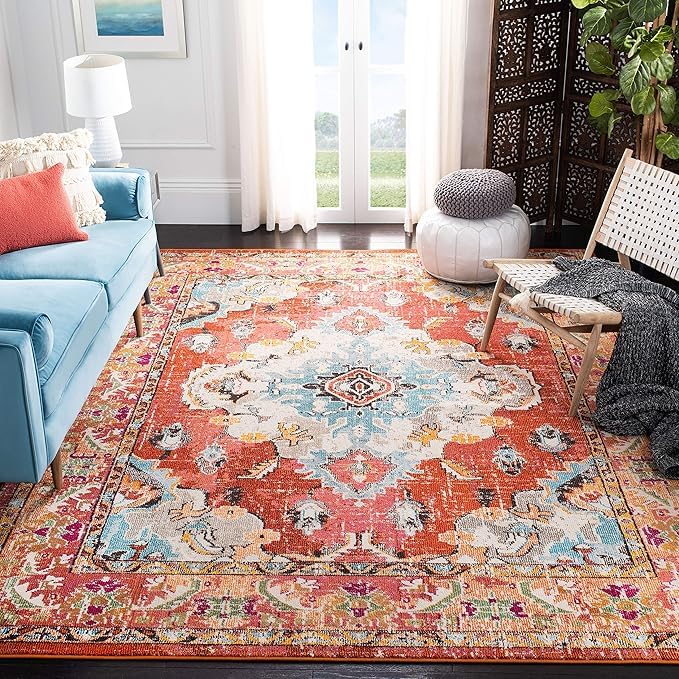 Tapis grand salon antidérapant rouge vintage pour sécuriser la salle a manger