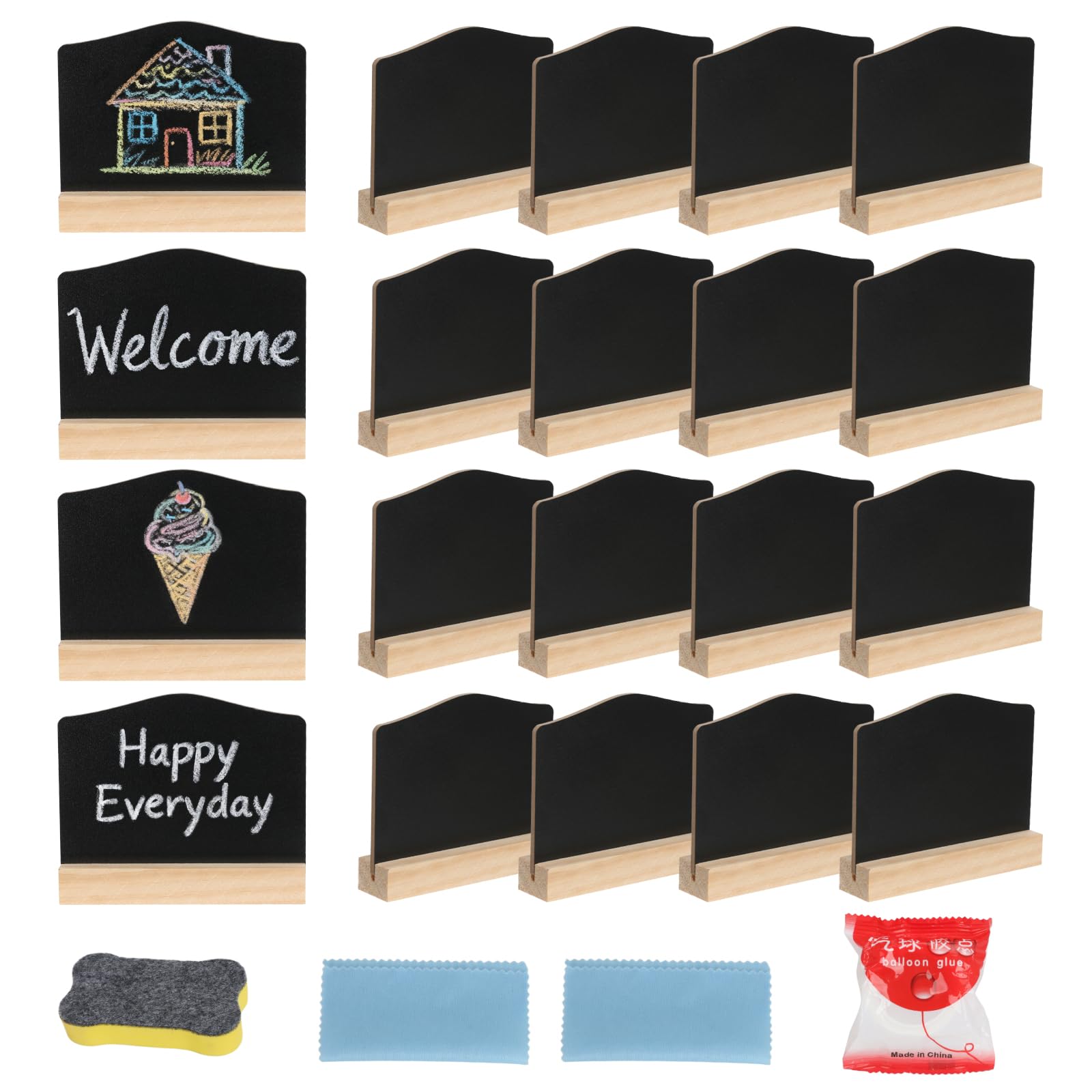 20Pcs Double Sided Reusable Mini Chalkboard Signs, 10x7.5cm Chalk Boards with Stand,Small Blackboard with Eraser Cloths & Balloon Glue for Place Cards Table Numbers Shop Buffet Cafe Party Wedding
