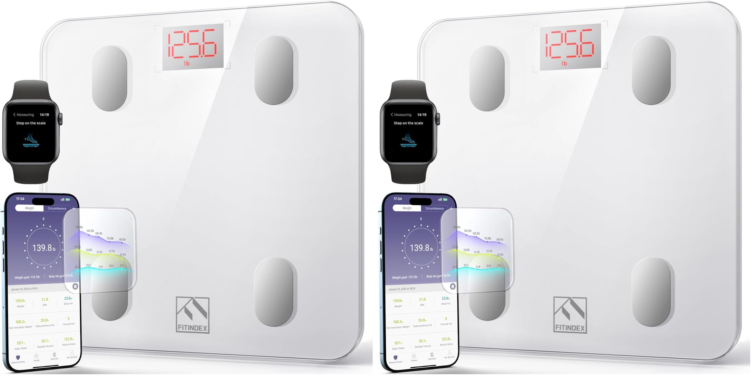 FITINDEX Smart Scale for Body Weight, FSA&amp;HSA Eligible, Scale with BMI, Body Fat, Muscle Mass, Bluetooth,13 Body Composition Analyzer, Sync APP, Digital Bathroom, 400lb, White (Pack of 2)