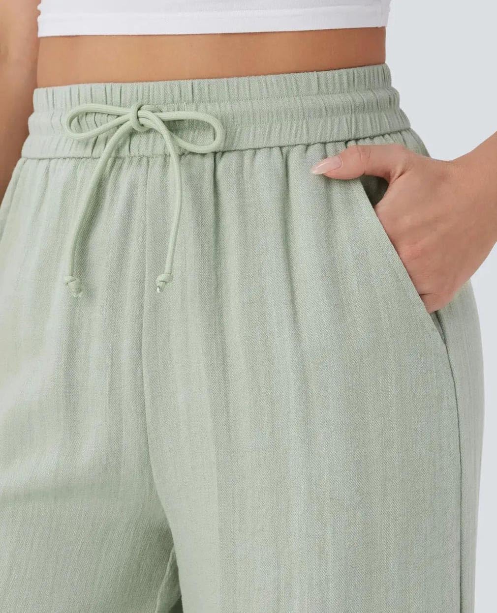 Women's Casual Linen Drawstring Pants Side Pocket Flowing Wide Leg Beach Trousers