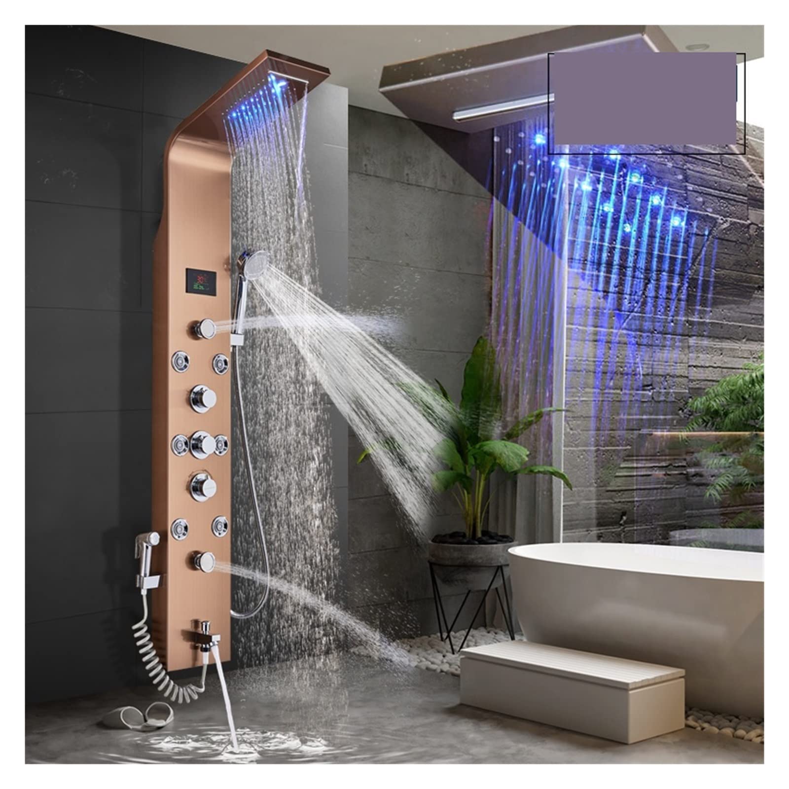 Pannello Doccia for Bagno a LED 6 modalità Colonna Doccia LCD Intelligente Sistemi for Vasca da Bagno con Cascata a Pioggia in Oro Rosa con Miscelatore a Getto massaggiante(Brushed Nickel 8007)