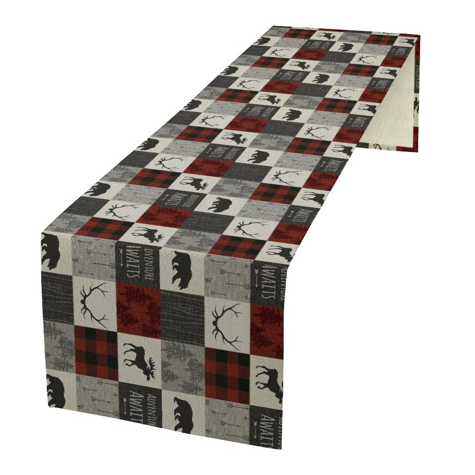 Moose Bear Table Runner, Vintage Country Style Black Red Plaid Deer Silhouettes Splicing Kitchen Table Runners for Family Dinner Banquet, Christmas Table Decor 13x60in