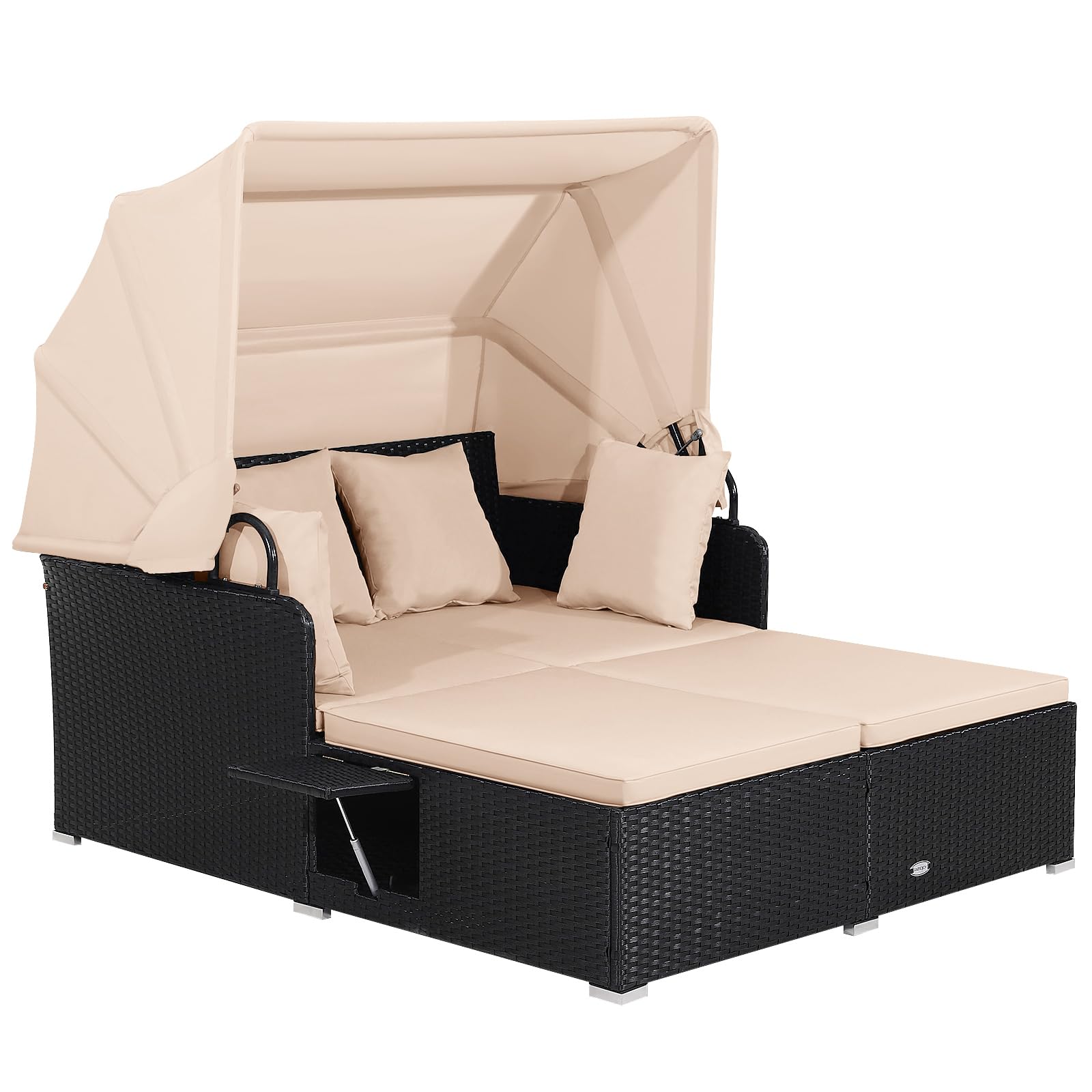 COSTWAY Sonnenliege Rattan für 2 Personen, Gartenliege mit Dach, Auflage, Kissen & ausklappbaren Seitentischen, Sonneninsel, Doppelliege, Sonnenbett, Loungebett für Garten, Terrasse (Gelblich)