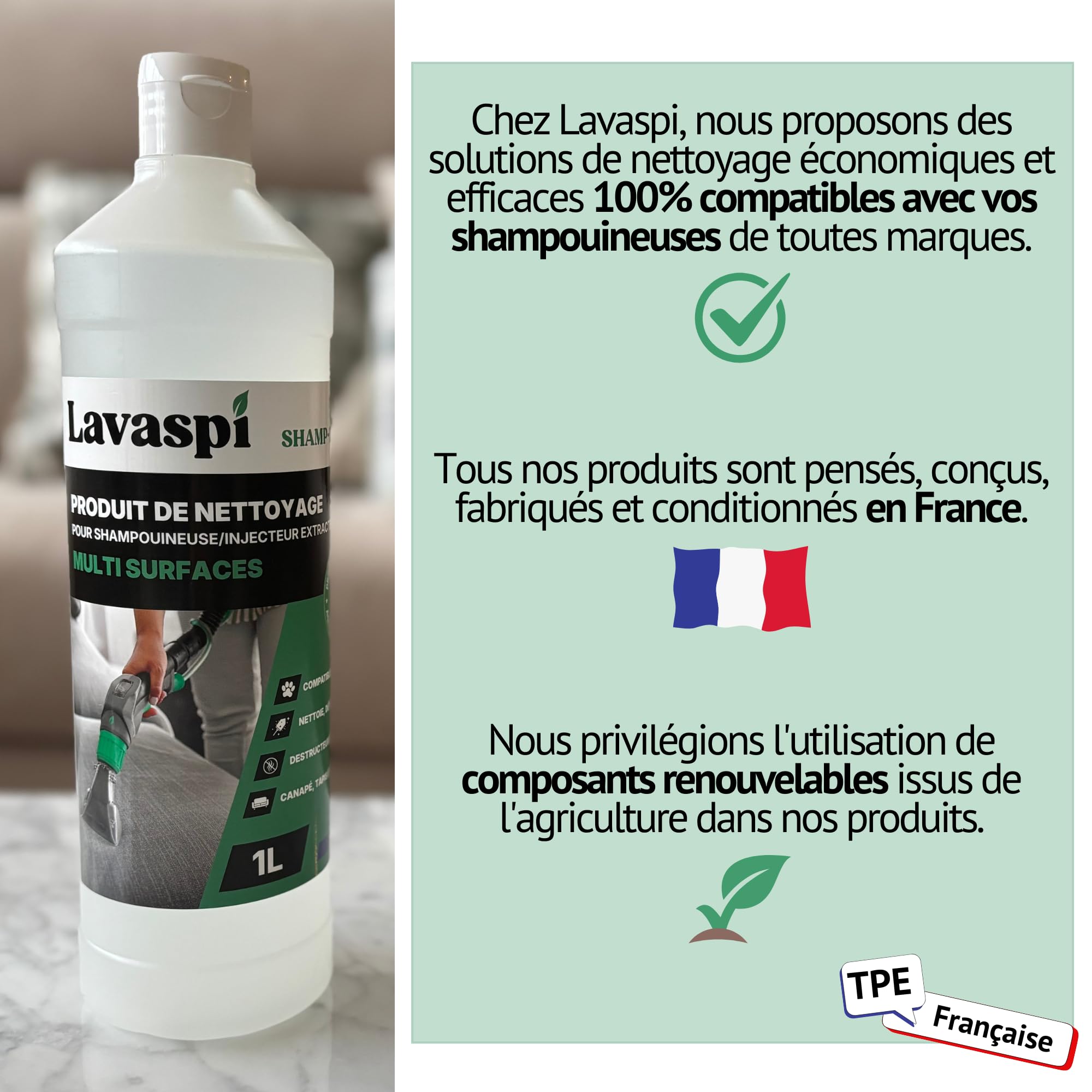 Lavaspi Produit Nettoyant Pour Shampouineuse Injecteur Exracteur, Canapé Moquette Matelas Tissus - Ultra Concentré - N1305