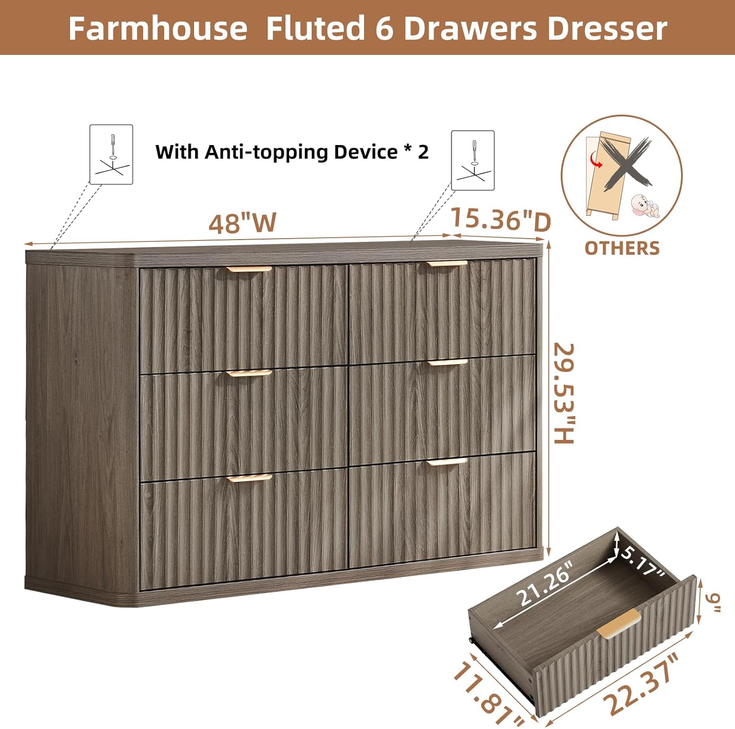 Fluted Nightstand with Charging Stat, Wide 2 Ders End Table