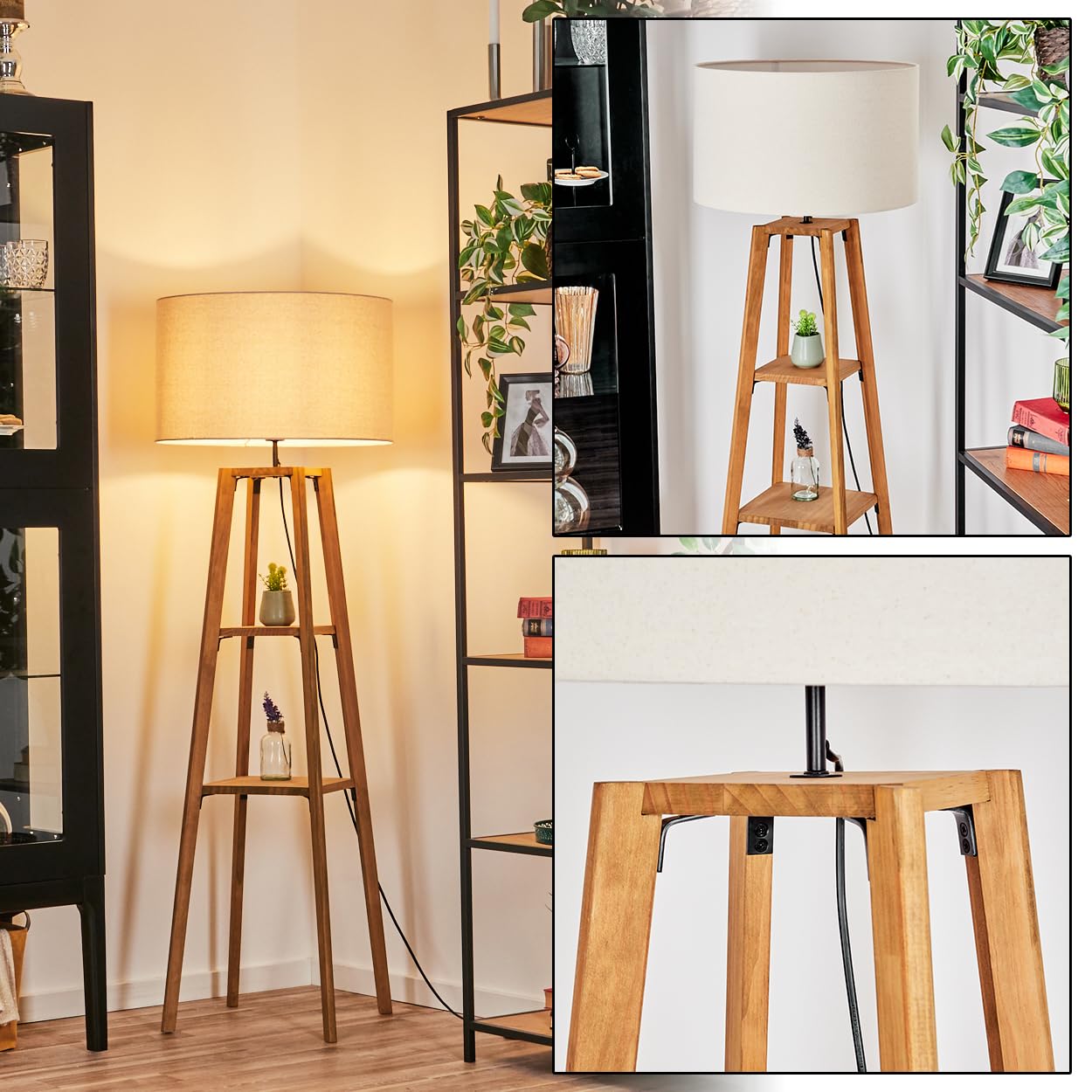HOFSTEIN Stehleuchte Flemming, Stehlampe aus Holz/Metall im modernen Boho-Design, Schirm aus Stoff, Ø 50 cm, 152 cm, E27, mit Fußschalter und Ablagefläche - Wohnzimmer, Schlafzimmer, Esszimmer, Flur