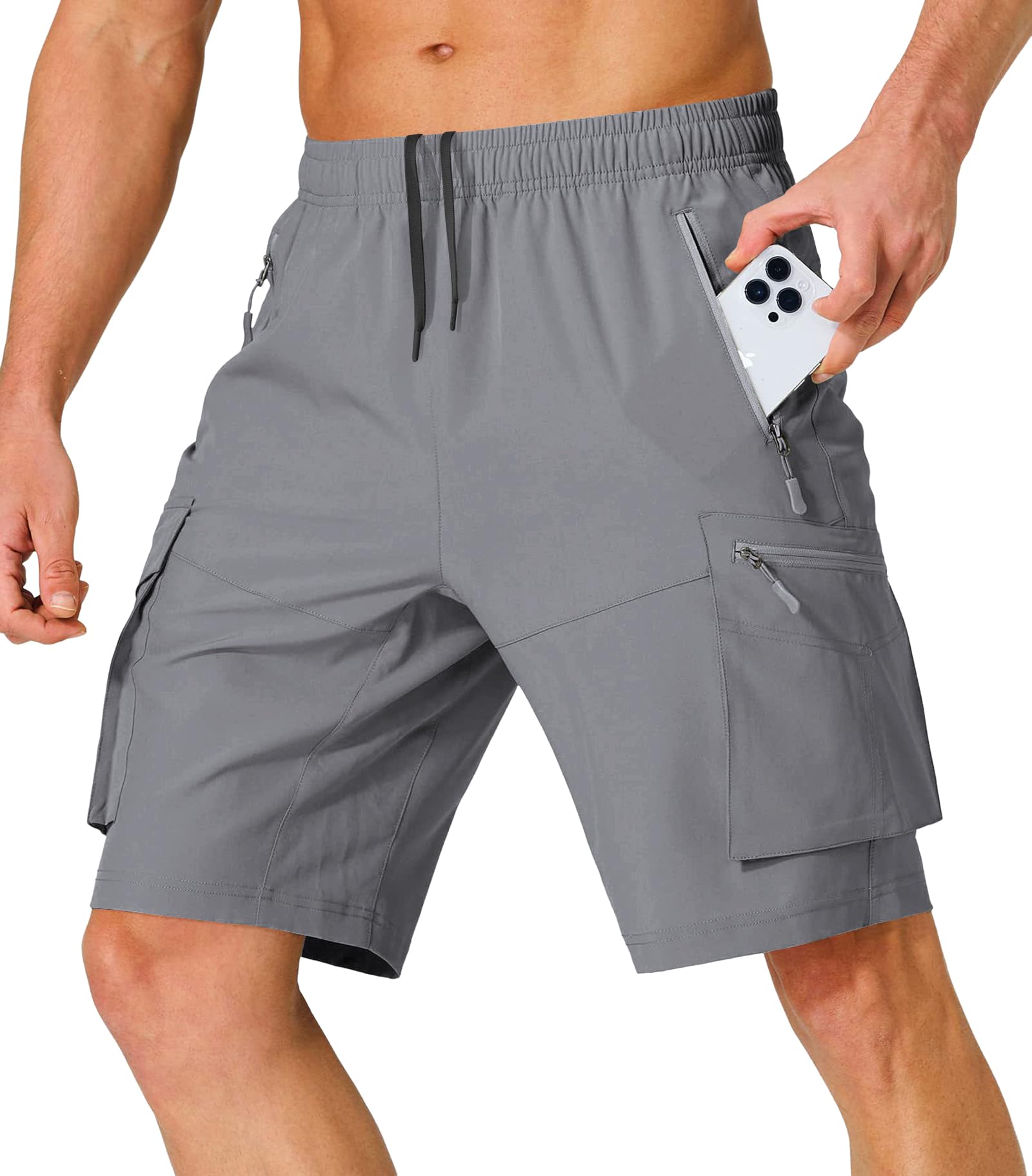 Lexiart Mens Hiking Cargo Shorts Drawstring Stretch Lightweight Quick Dry Shorts with Zipper Pockets
