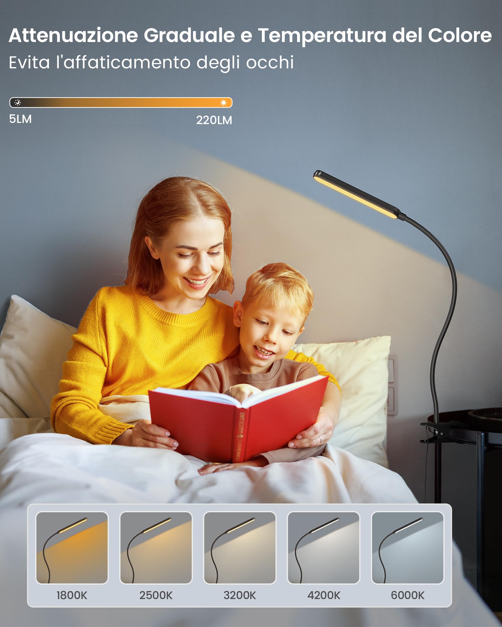 Glocusent 38 LED Lampada con Pinza da Letto, Lampada con Morsetto a Protezione Vista, Regolatore Continuo a 5 Colori & 5 Toni, Pinza Braccio Mobile, Perfetto Per Leggere/studiare/lavorare (ferroso)