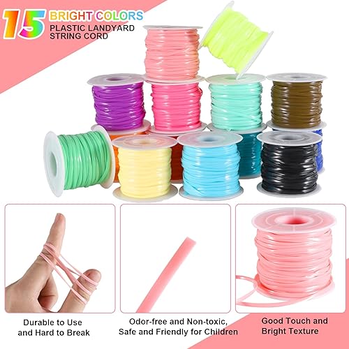 Miniatura 6 de KAMJUNTAR Cuerda de cordón, 15 rollos de cuerda de plástico para cordones de plástico para pulseras de amistad, fabricación de joyas, manualidades,