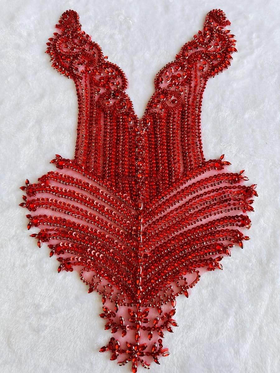 Generic Handmade Stones Beads Bling Bright Crystal Patches Sew on Rhinestones Bodice Lace Applique Accessories for Wedding Dress Decorations (Red)