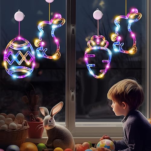 Miniatura 6 de LYUBASA Paquete de 4 luces de ventana de Pascua con temporizador, funciona con pilas, multicolor, iluminado, conejo, zanahoria, huevo, lechón,