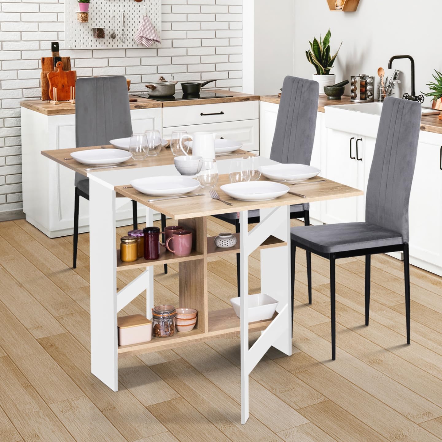 IDMarket - Mesa consola plegable EDI 2-6 personas con almacenamiento, madera blanca, tablero estilo haya 150 x 80 cm