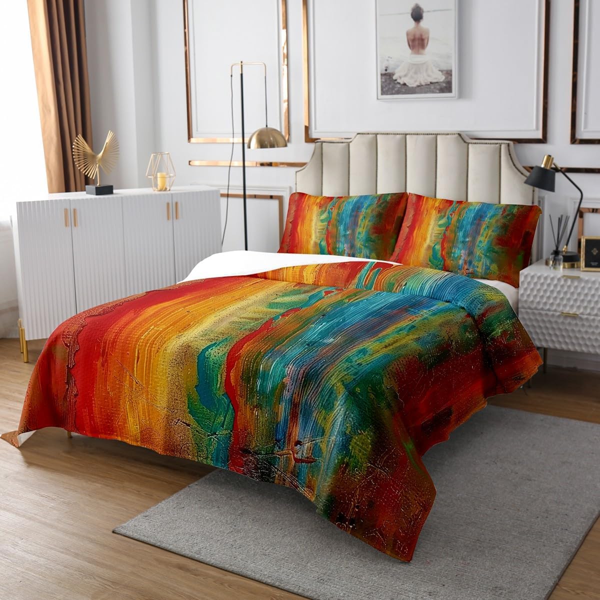 Erosebridal Rainbow Watercolor Coverlet King Size Tie Dye Bedding, Abstract Art Bedspread Set Aesthetic Quilt Set, Modern Bed Set Cozy Breathable Home Decorations
