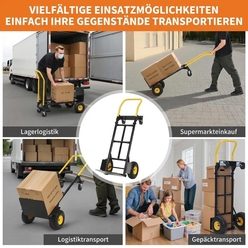 2-in-1 Transportwagen Handwagen Faltbar Mit 4 Pannensicheren Rädern, Schwerlast Tragkraft 362kg – Ideal Für Umzug, Lager, Büro & Industrie, Schwarz Gelb