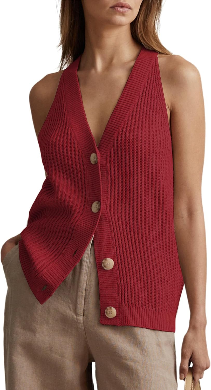 Womens Button-Front Sweater Vest Top V Neck Sleeveless Knit Tank Fitted Halter Raceback Cardigan Vest - Image 2