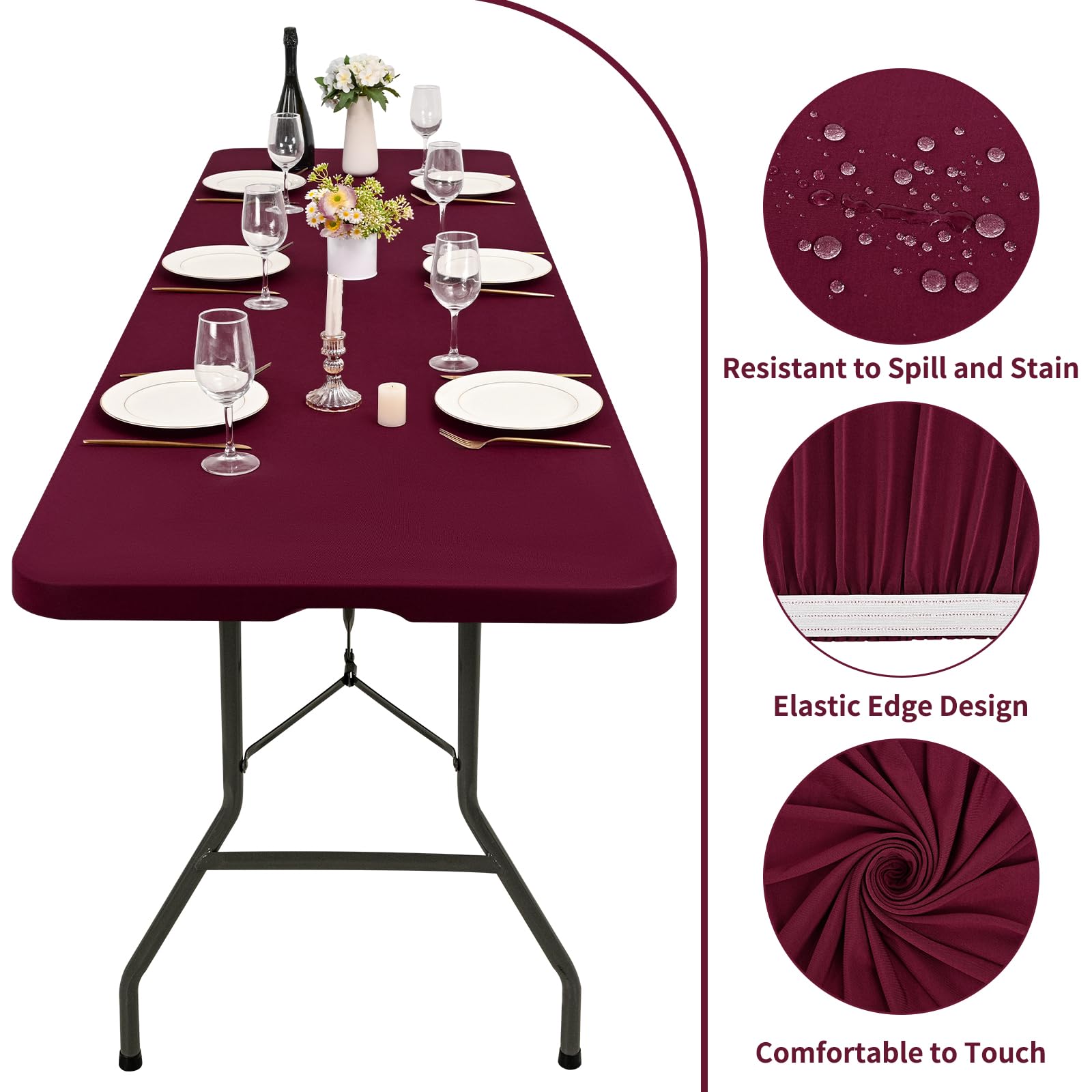 Paquete de 6 manteles de tela elástica para mesas de 8 pies, manteles de elastano lavables y elásticos rectangulares para interiores y exteriores, fiestas, pícnic, bodas, color rojo vino, 76 cm de