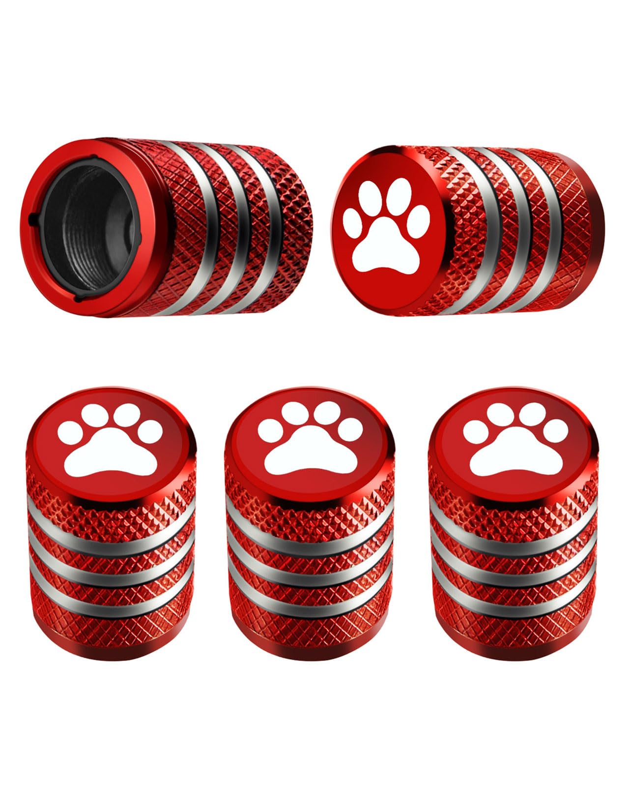 Tire Valve Stem Caps Cover - (5 Pack) Tire Air Caps Metal with Plastic Liner Corrosion Resistant Leak-Proof Dog Paw Print for Car Truck Motorcycle Bike Red