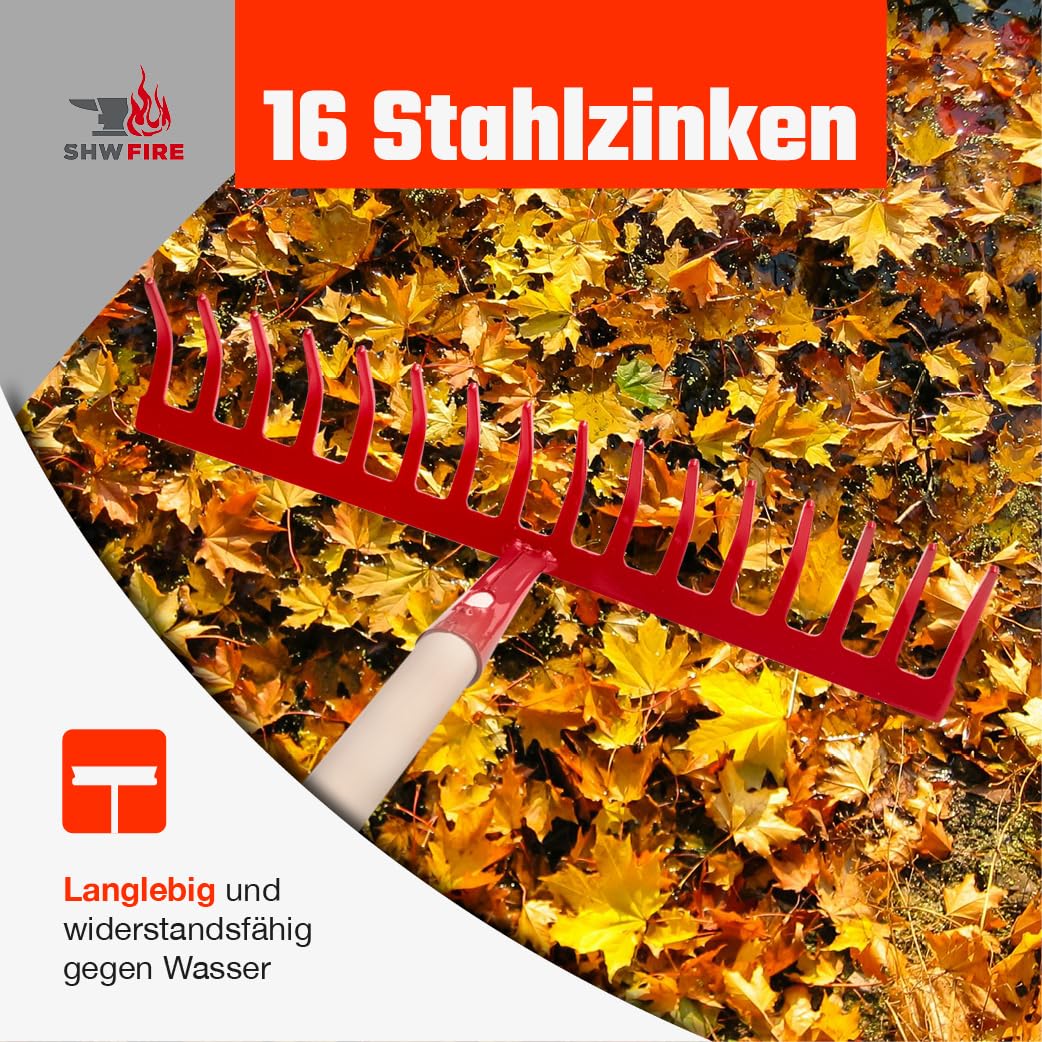 SHW-FIRE 16-Zinken Gartenrechen, 42 cm Rechenbreite, 150 cm Espenholzstiel