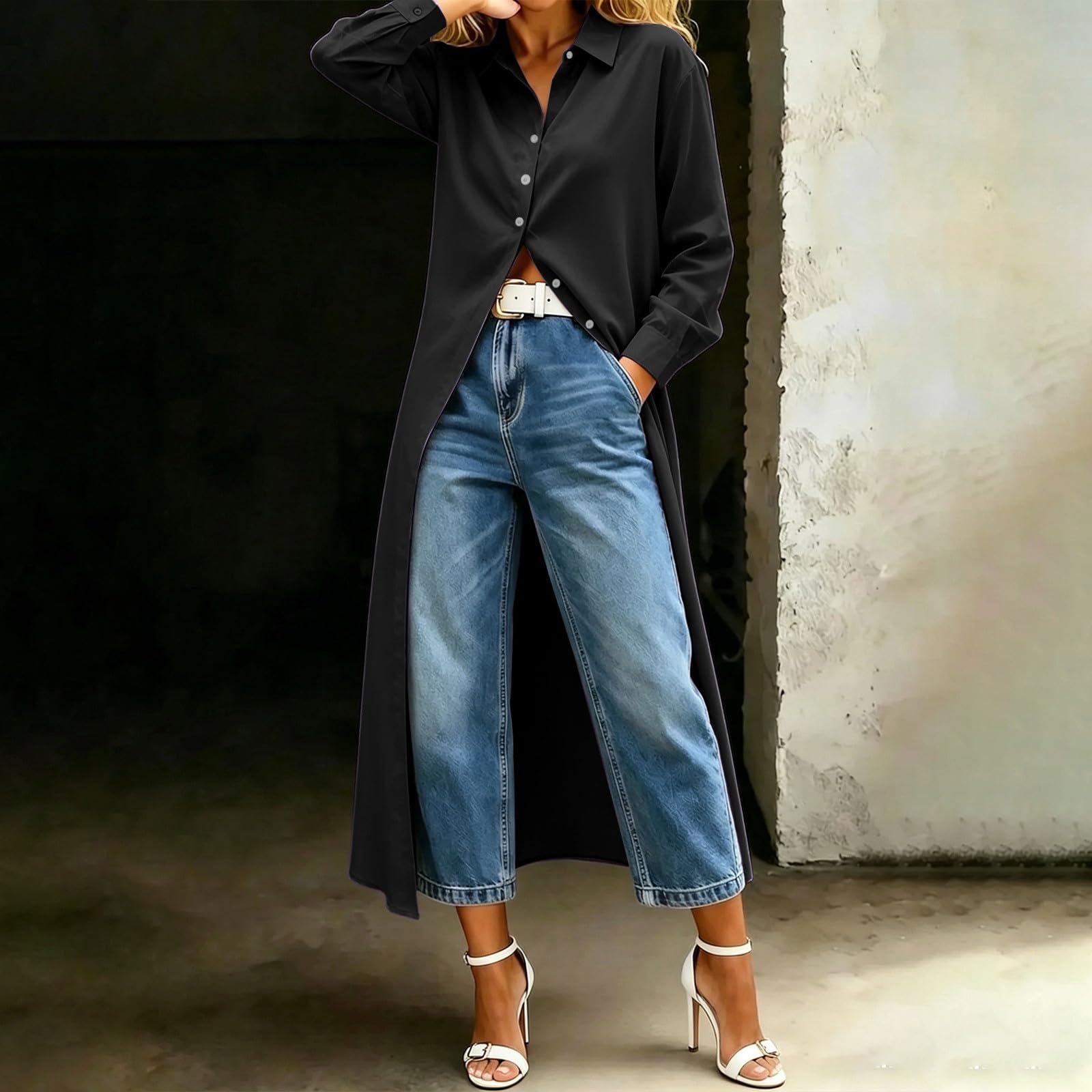 Camicia da Donna Casual a Tinta Unita a Maniche Lunghe con Orlo Lungo 2026
