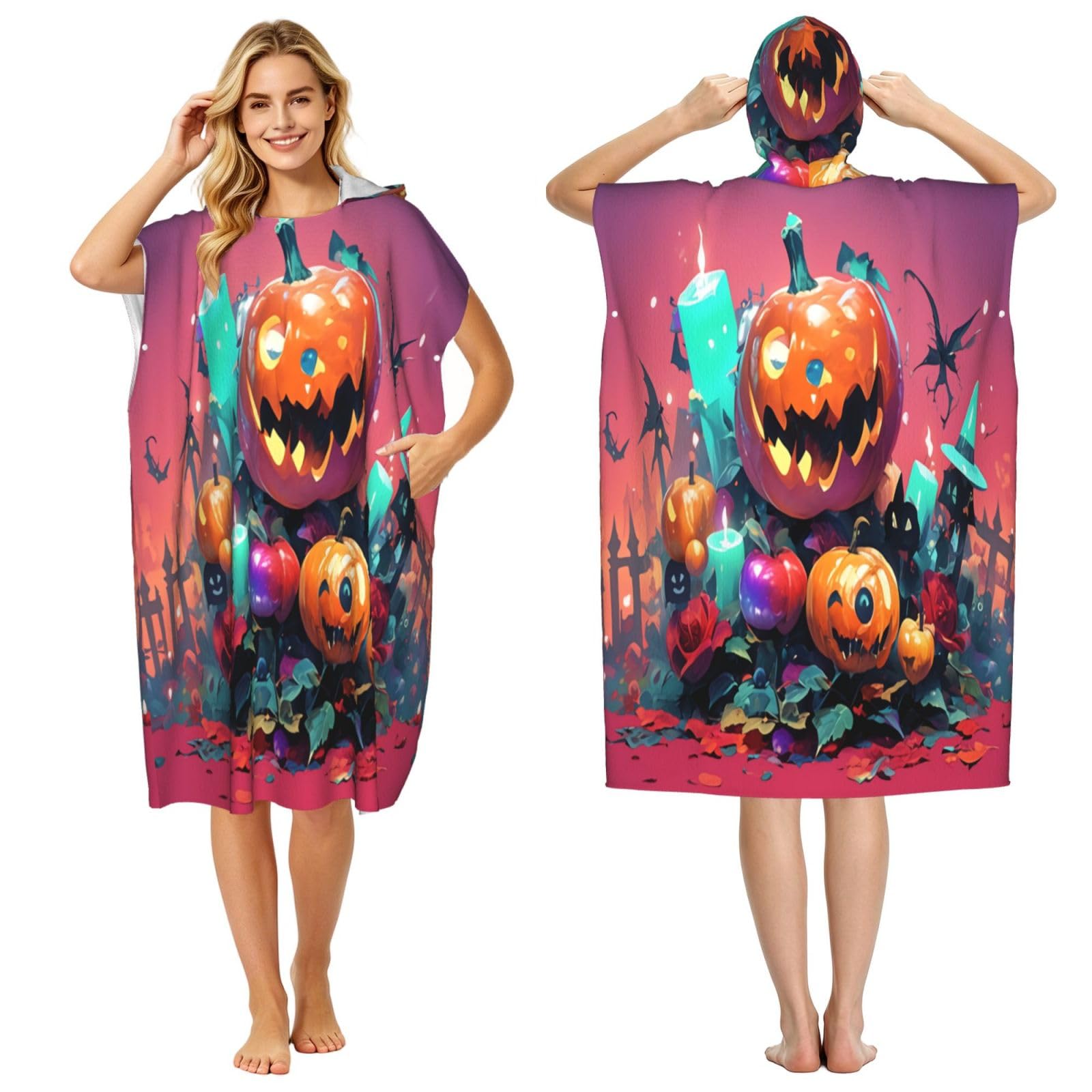 DTHKJNLSF Halloween Revelry Adult Hooded Beach Poncho Towel