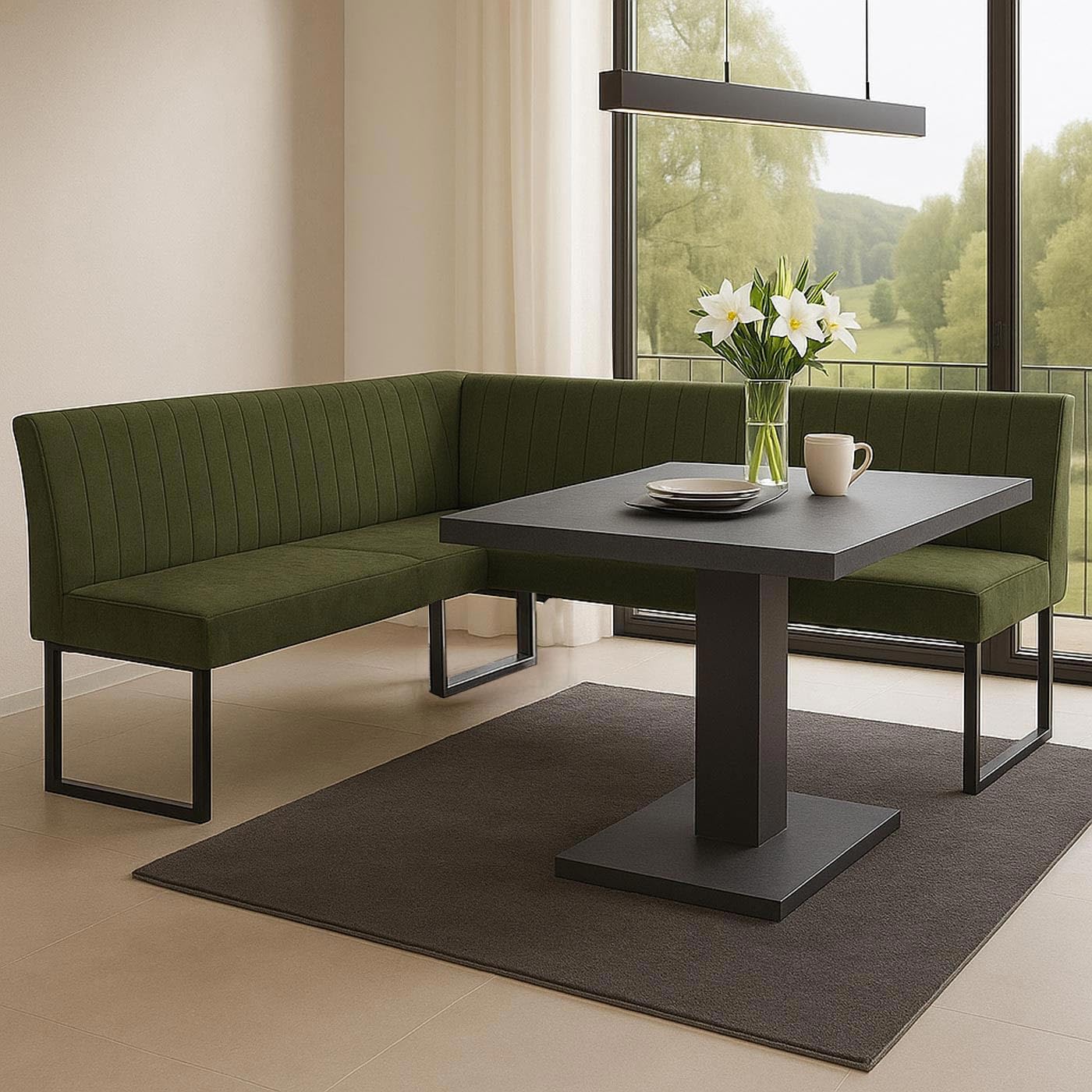 Banco de esquina HWC-O82, banco de comedor, Öko-Tex (310 g/m²), tela de chenilla, textil y metal, 210 x 159 cm, color verde