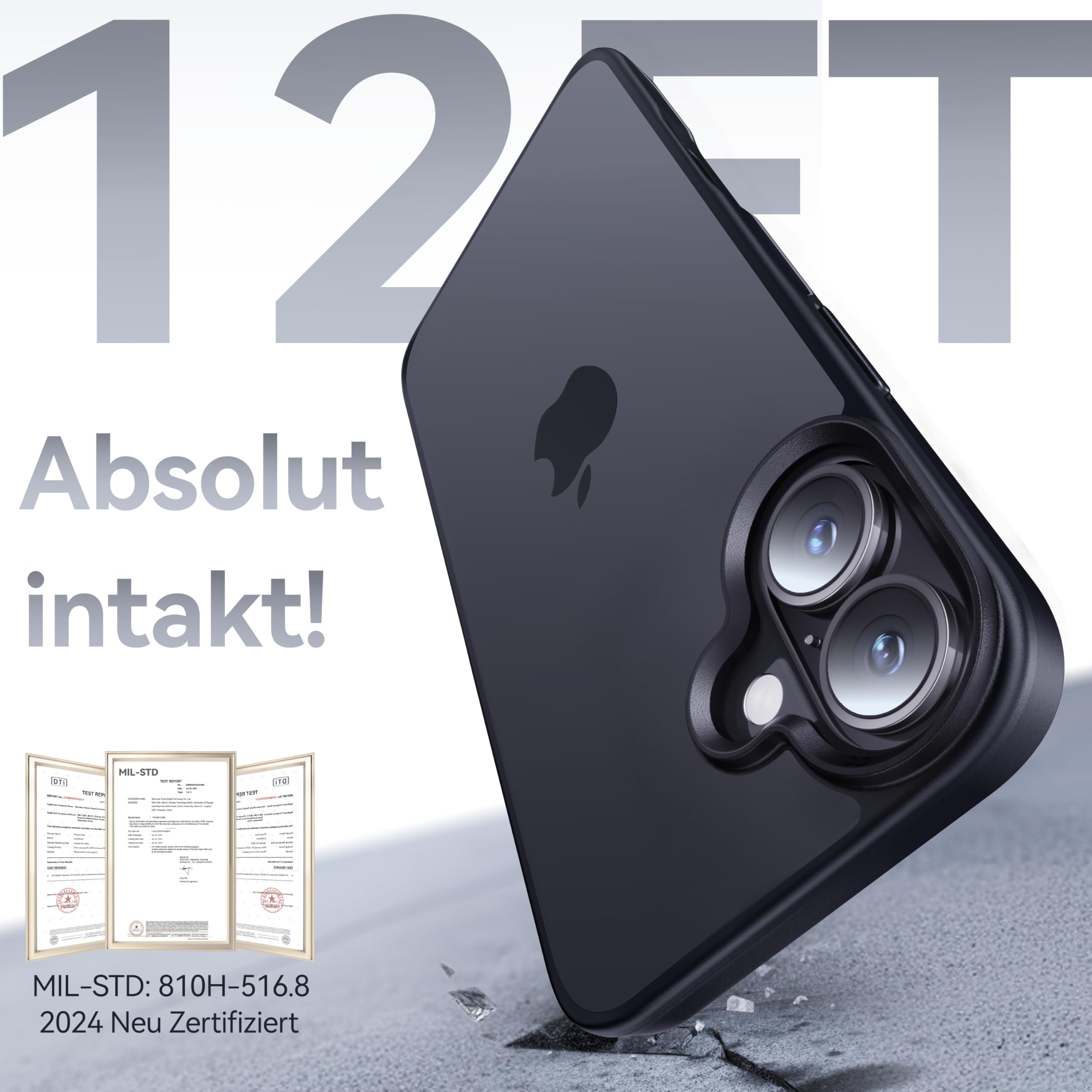 IPhone 16 Hülle Mit Schutzfolie – Matte Transluzente Schutzhülle, Stoßfest & Kratzfest – In Schwarz