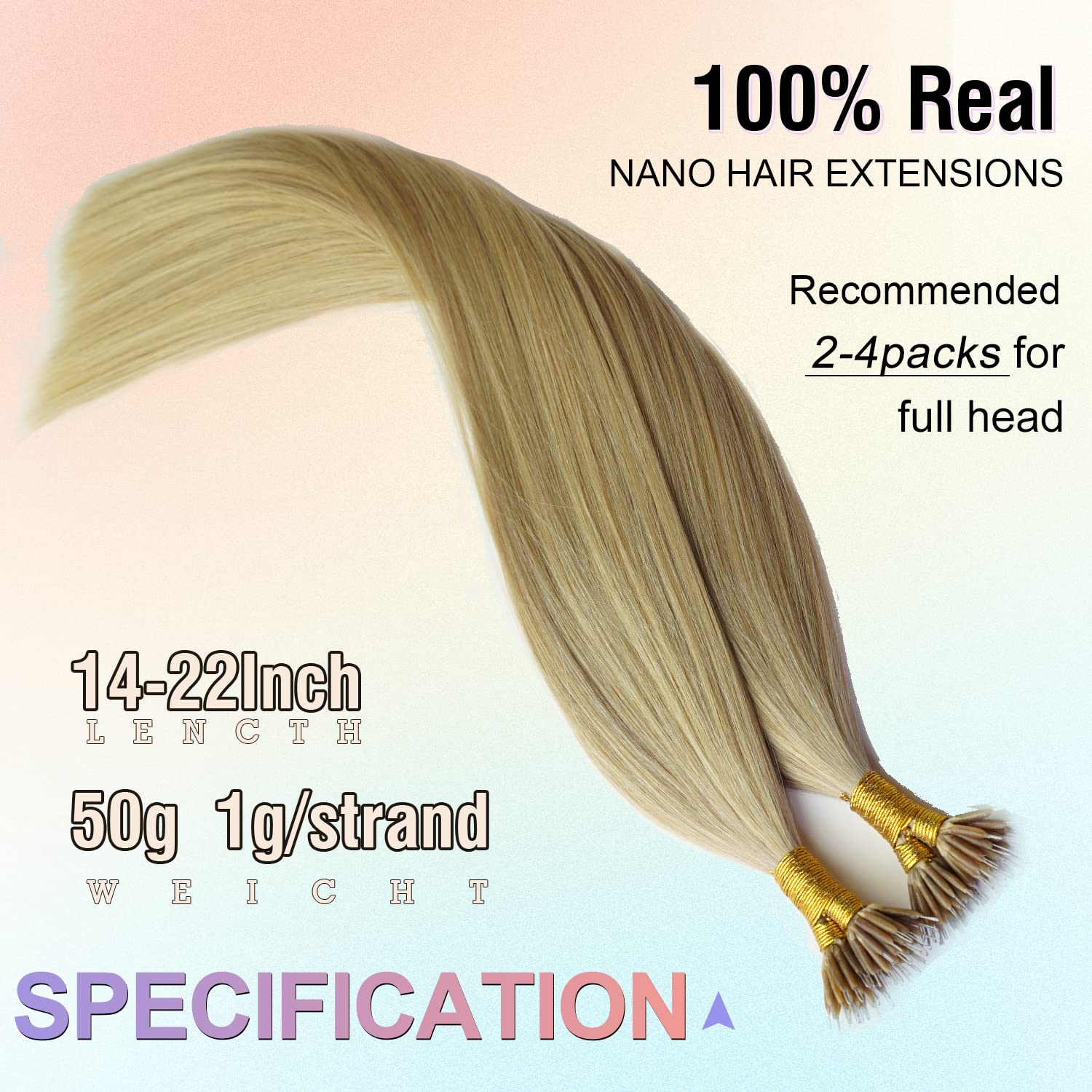 KOCONI 16 Inch Nano Ring Hair Extensions Real Human Hair Double Drawn Nano Beads Human Hair Extensions Nano Tip Hair Extensions Nano Rings Human Hair 50g 1g/Strand Ash Blonde With Light Blonde #P16/24 - Image 4