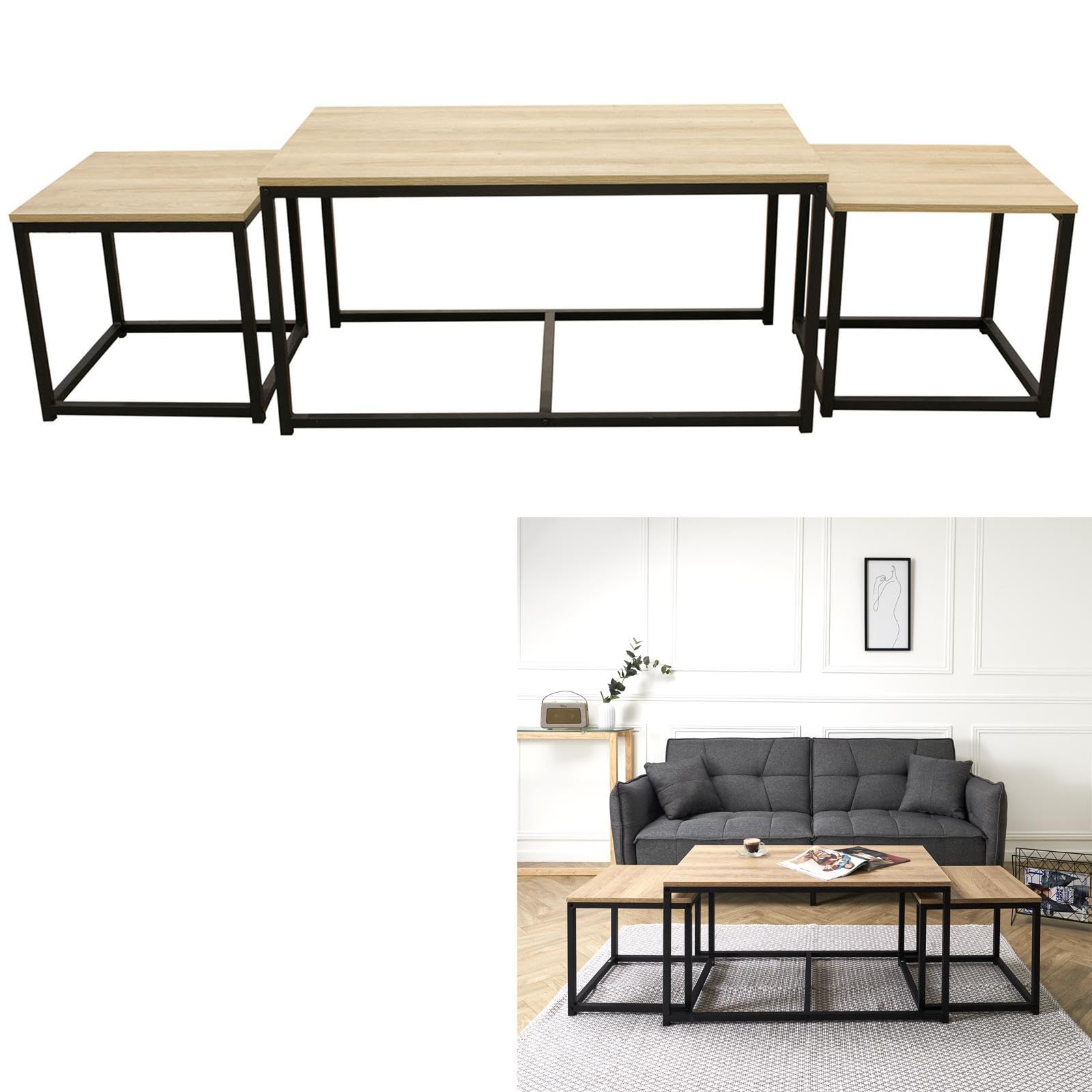 HOME DECO FACTORY - HD6579 Table Basse Industrielle Chic 3 Modules Seattle - Conçu pour Mobilier Bureau Gain de Place - Bois MDF et Métal - Dimensions 90 x 50 x 45 cm - Couleur Noir