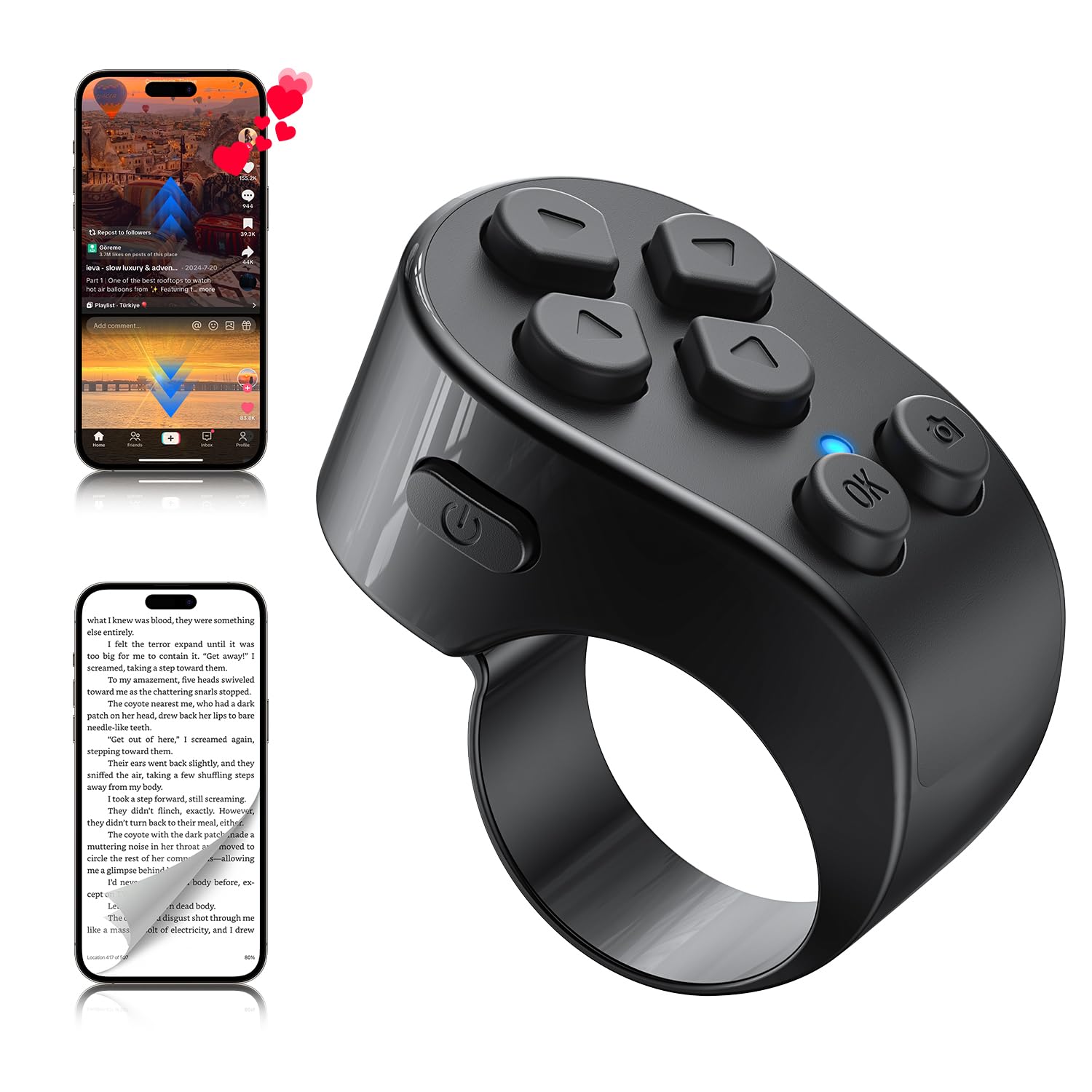 TikTok Scrolling Ring Remote Control,Page Turner for iPad iPhone & Android Tablet,Bluetooth Camera Remote, Scrolling Ring for TikTok,YouTube,Instagram,iOS,Android (Black)