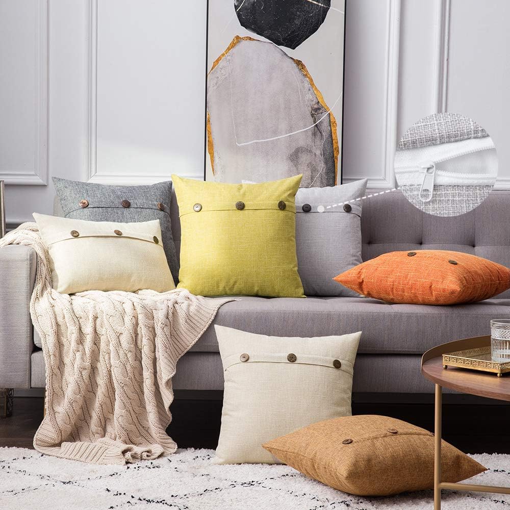 MIULEE Set of 2 Decorative Linen Throw Pillow Covers Spring Cushion Case Triple Button Vintage Farmhouse Pillowcase for Couch Sofa Bed 22 x 22 Inch Greyish White