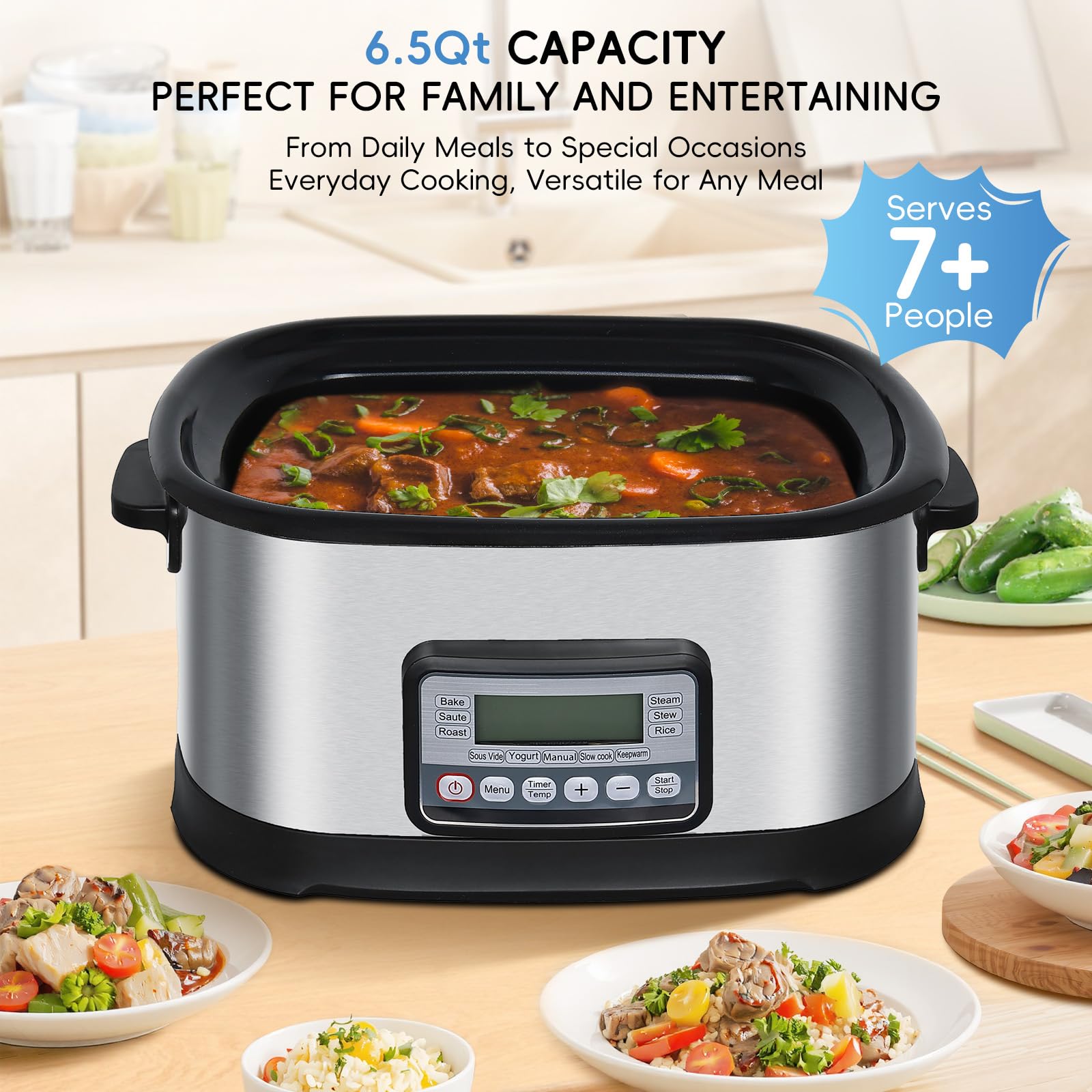 Slow Cooker programmabile, 11-in-1 Multi Cooker Electric, 6.5 Quart 1500 W Nonstick Inner Pot with Timer, Temp Control & Dishwasher Safe Glass Lid, Stainless Steel