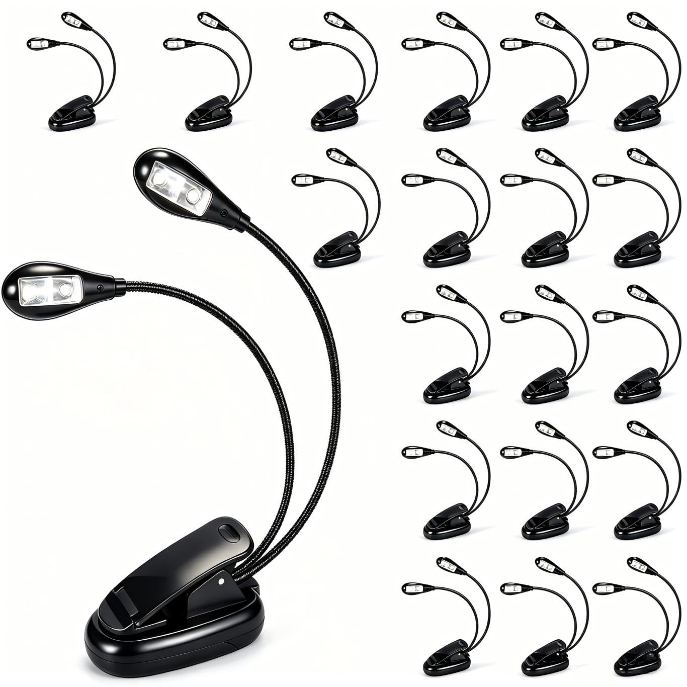 Luce per leggio, confezione da 2/10 luci LED a clip, USB e batterie AAA, lampada da lettura a letto, 2 livelli di luminosità, ideale per musicisti, pianisti, bambini, viaggi (doppio braccio) (nero, 20