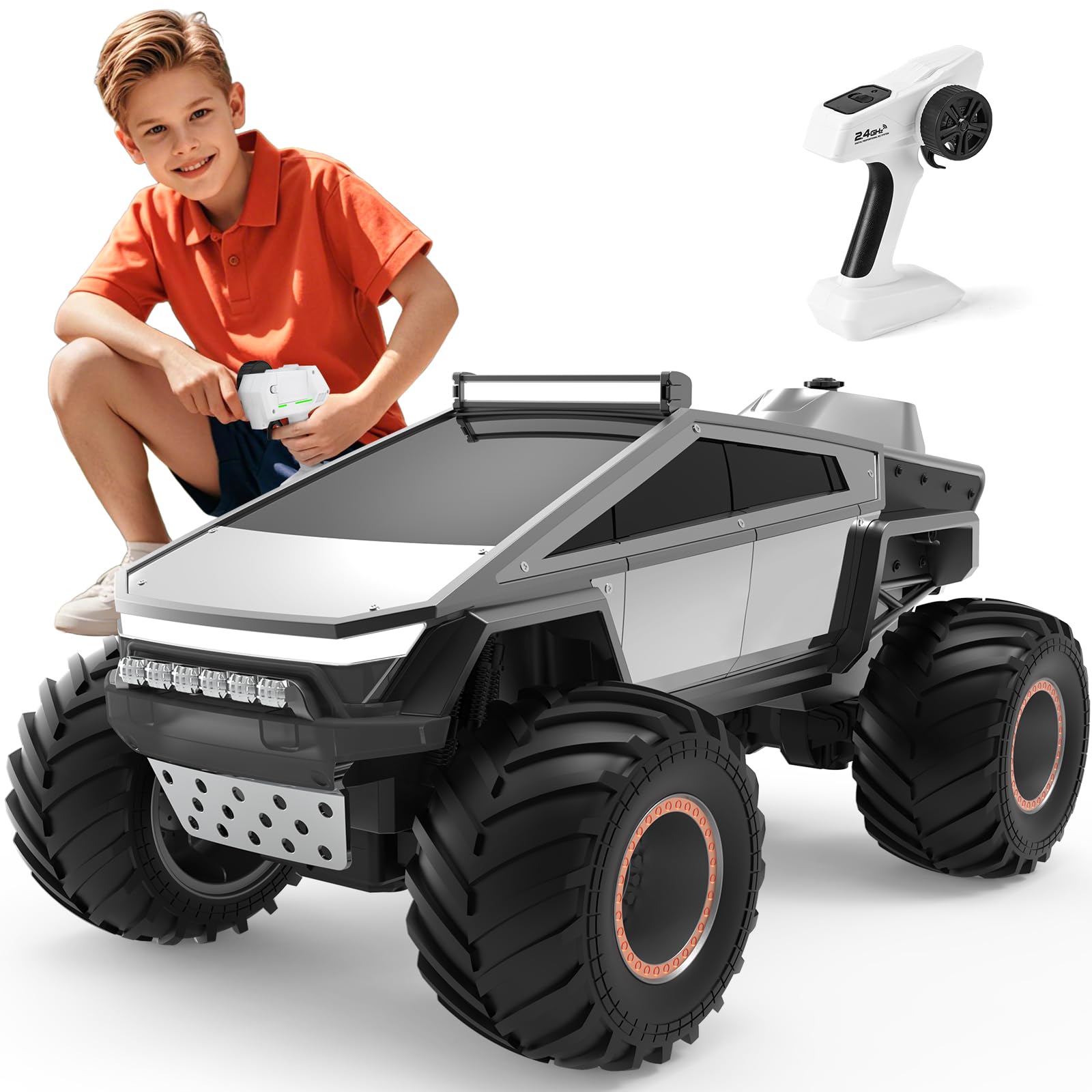 NQD Big RC Truck, Large RC Monster Truck Toy Model 4WD with Dual Motors, LED Headlight, Music, Alloy Remote Control Car Rock Crawler, 2.4GHz All Terrain Toy Car for Boy Kids