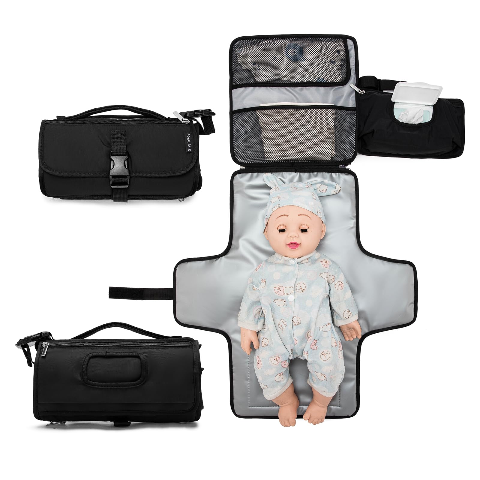ROYALFAIR Baby Wickelrucksack Wickeltasche Rucksack mit tragbarer Wickelauflage, Windeltasche mit Fächern，Babytasche Multifunktional für Mama und Papa,Schnullerhalter und Kinderwagengurten.