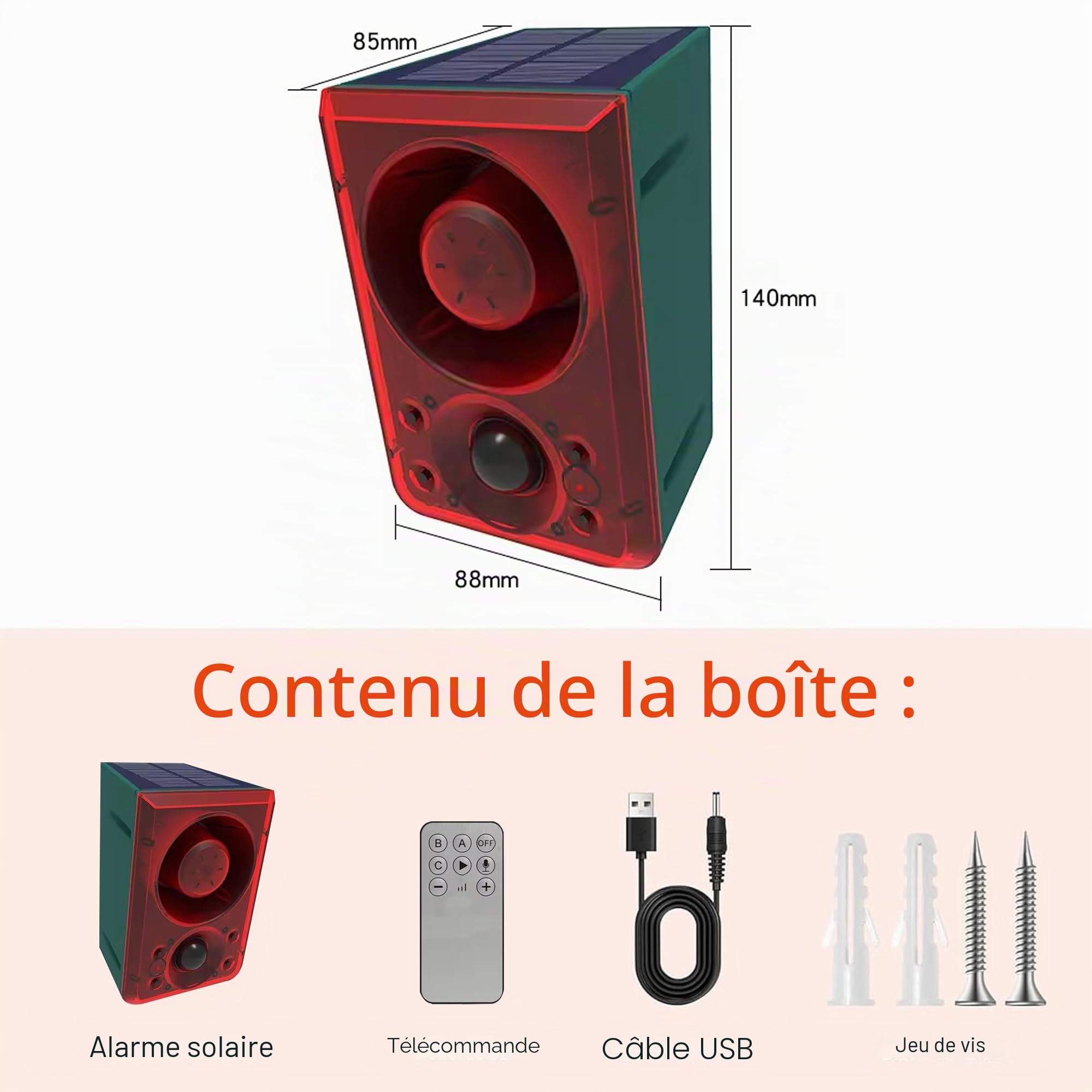 Alarme de détecteur de Mouvement extérieur Solaire : aboiements de Chien et Son de Coup de feu QXMH, Prise en Charge de l'enregistrement, +/- Volume, Alarme Forte de 129 DB