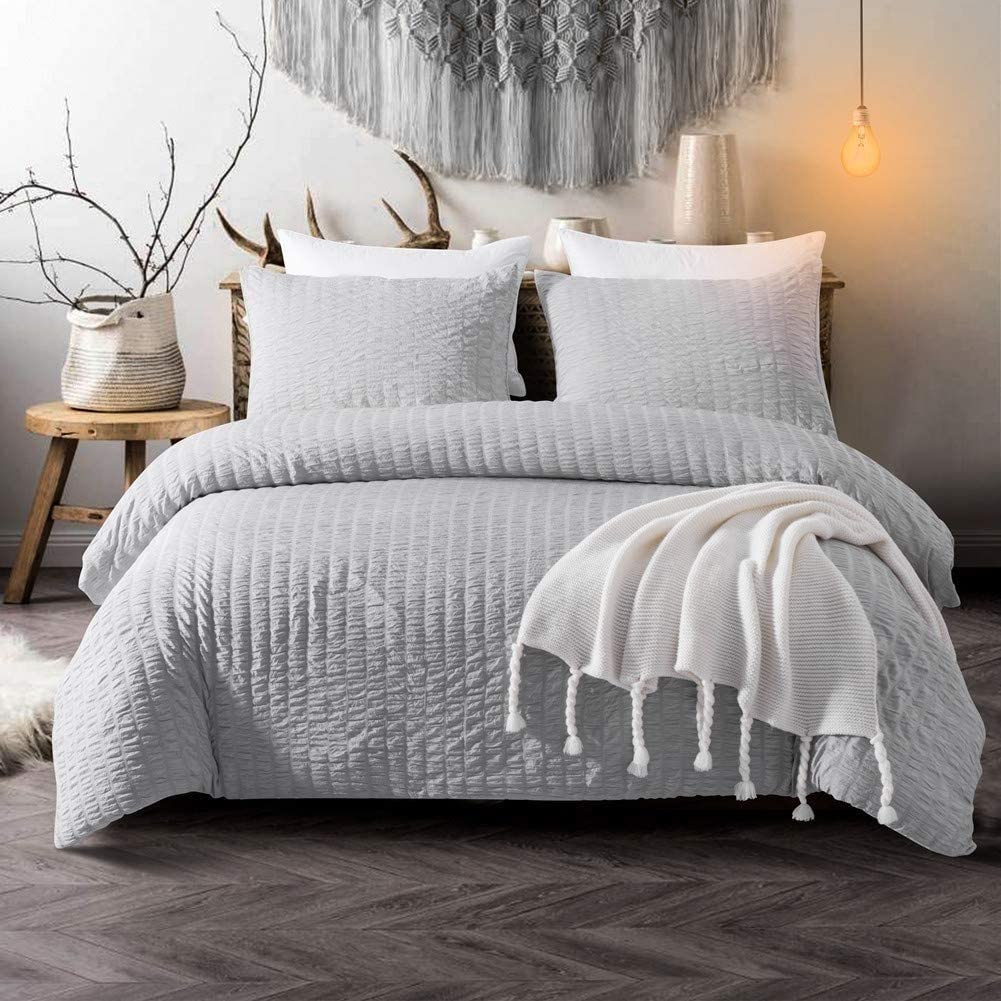 Brit Diamonds Seersucker Duvet Cover with Pillow Cases Charcoal Bedding Bed Set 100% Cotton Waffle Quilt Covers Double King Super King Size (Double, Silver)