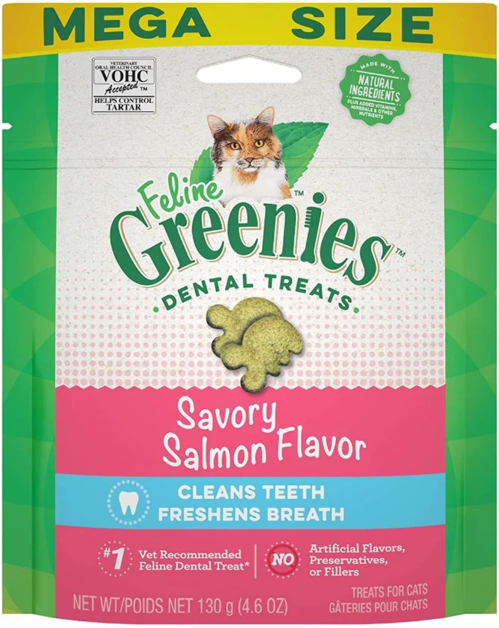 Cat Treats, Feline Veterinarian-Recommended Adult Natural Dental Cat Treats, Savory Salmon Flavor, 4.6 oz. Pouch