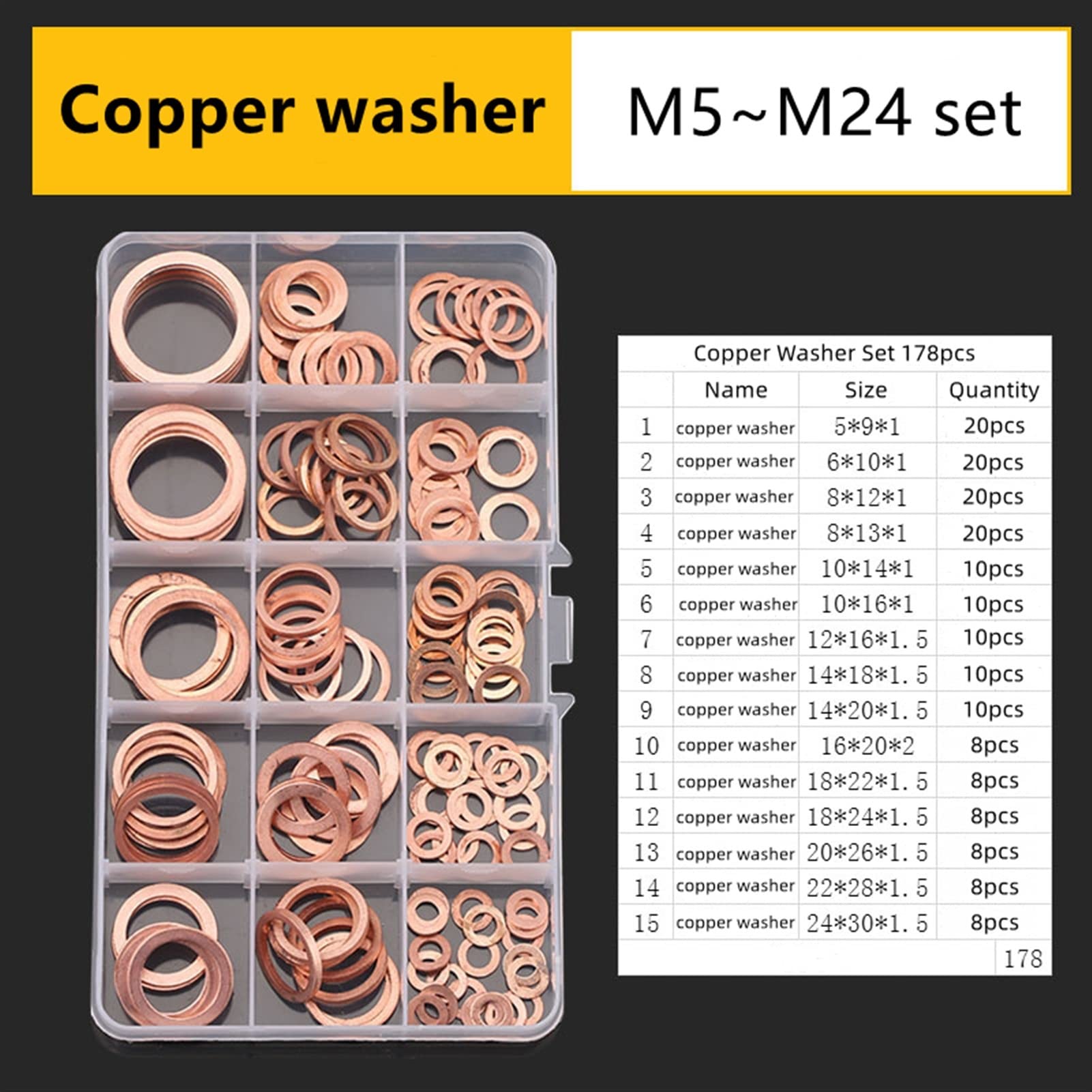 Zkenshan-Rondelle scanalate M5 M6 M8 M10-M48 GUARNIZIONE ACCOPPER RACO for ACCESSORI A RICONE DI METALE DI CAPER Buona resistenza all'usura ( Color : M5-M24 Set , Inner Diameter : M5-M24 Set(178pcs) )