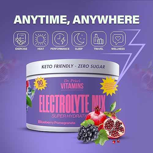 Miniatura 68 de Dr. Price's - Paquetes de polvo de hidratación con electrolitos - Arándano Granada, 30 paquetes | Mezcla de bebida electrolítica sin azúcar, 72+