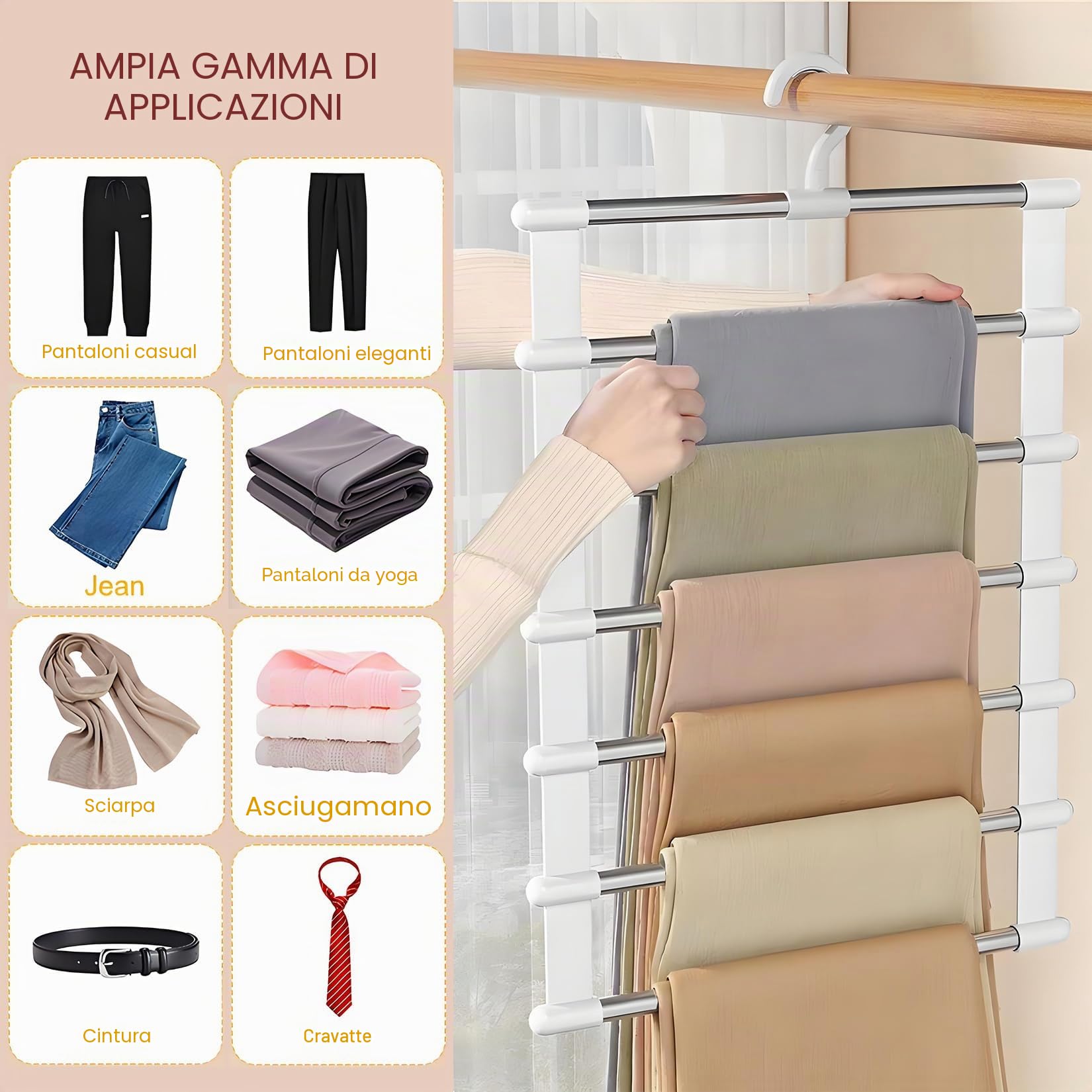 Appendi-pantaloni, confezione da 2 appendi-pantaloni a 6 livelli in acciaio inossidabile, salvaspazio per l'80% dell'armadio, per appartamento, dormitorio, appendere jeans, sciarpe