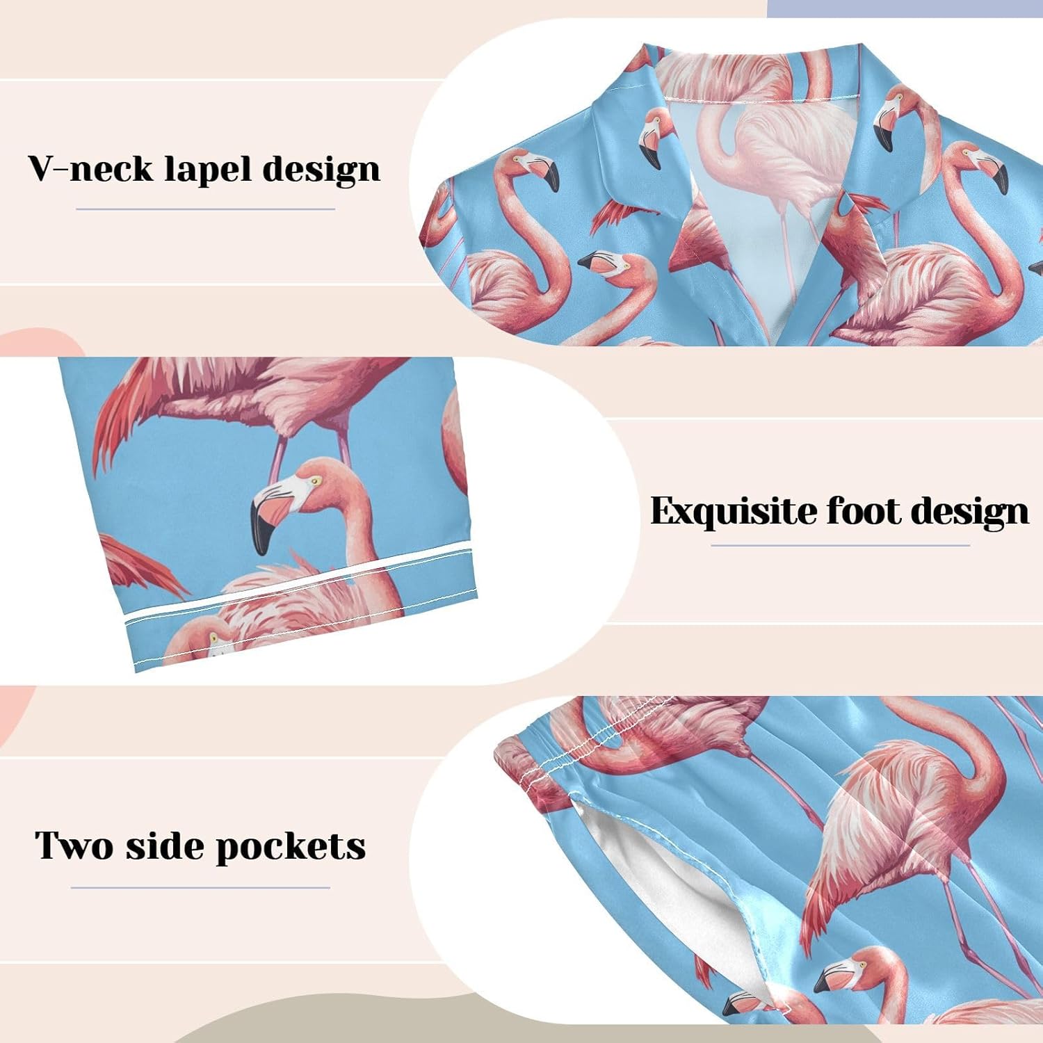 Womens Pajamas Set Flamingos Animal Satin Pajamas Set for Women Soft Long Sleeve Pj Set with Pockets - Image 3