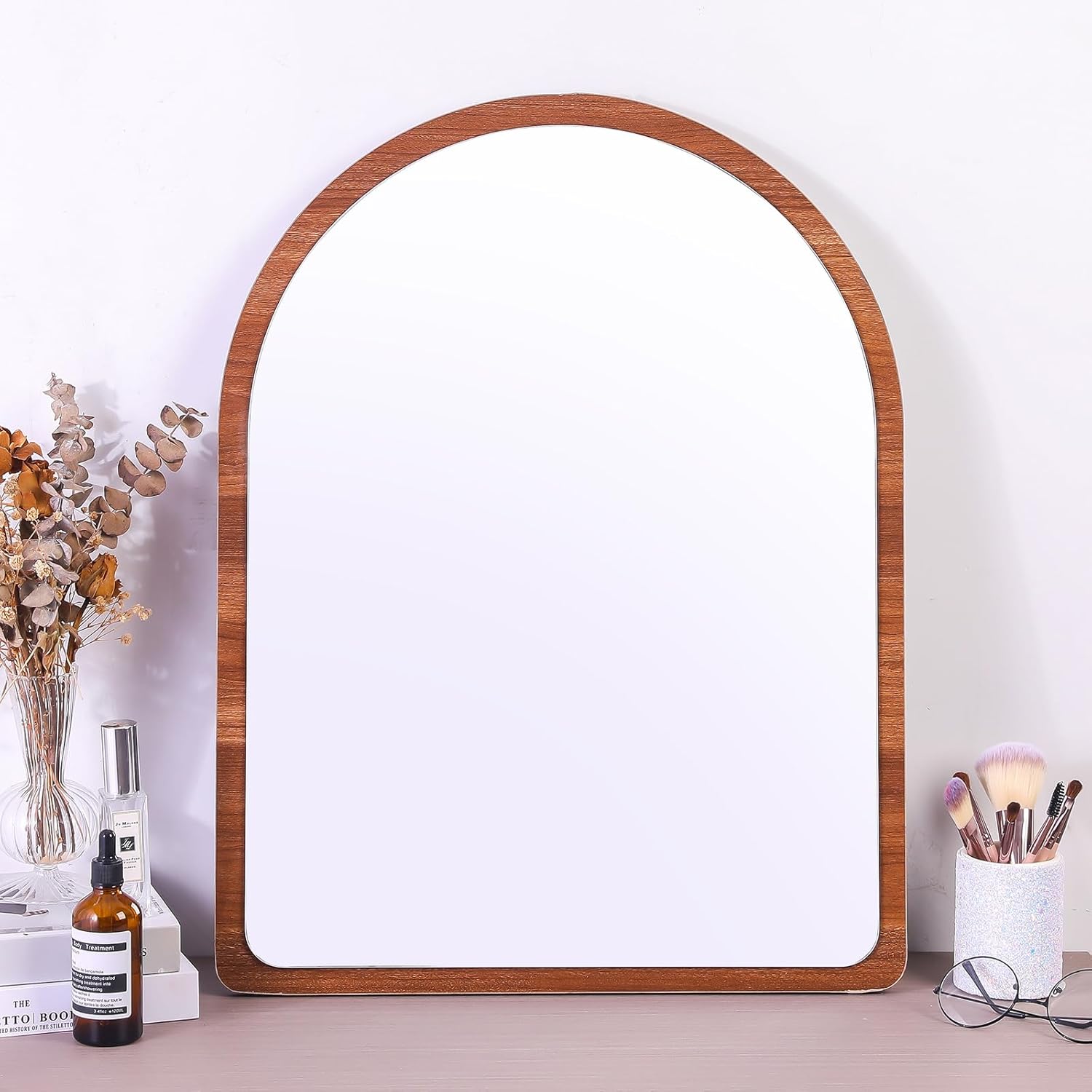 Large Arched Mirror Vanity Mirror Wall Decor Arch Mirror Wooden Frame Wall Mounted Mirror for Bathroom Livingroom Bedroom Entryway(Walnut Color),23x18inch