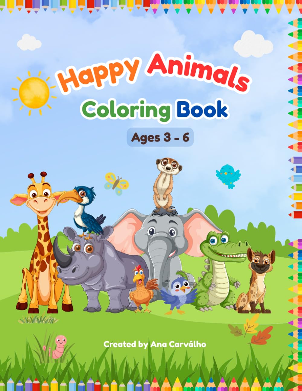 Happy Animals Coloring Book: Simple and Fun Animal Designs for kids Ages 3-6