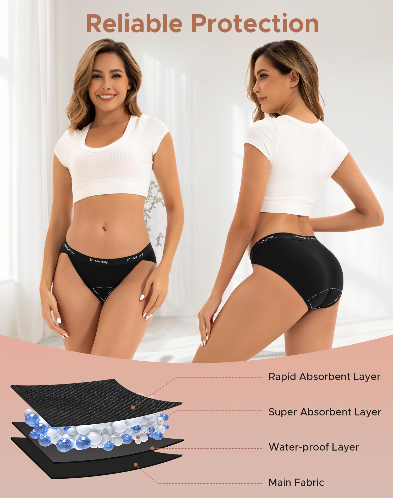 INNERSY Women's Bikini Period Underwear Cotton Menstrual Leakproof Panties 3-Pack: Pure Black Small