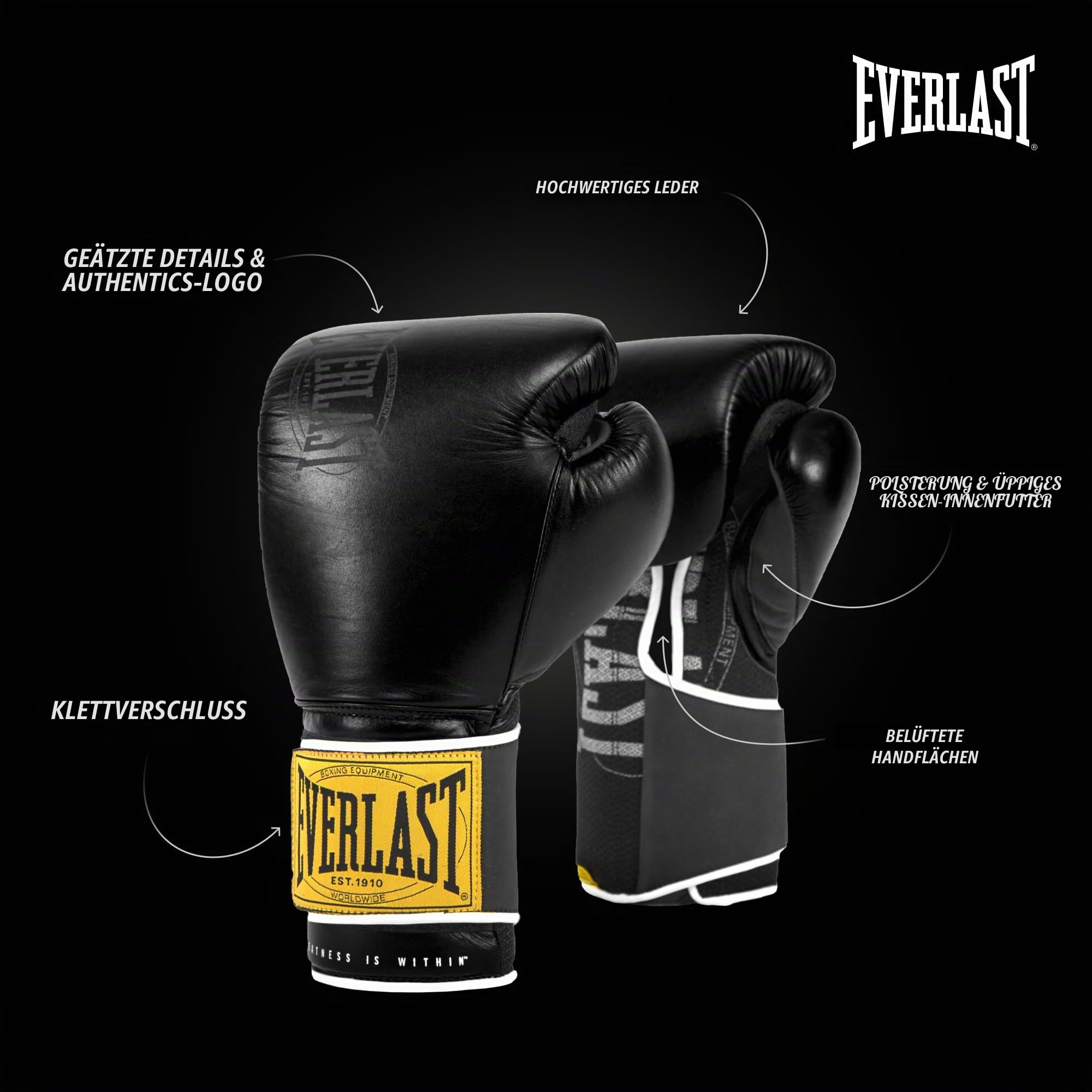 Everlast 1910 Classic Trainings-Boxhandschuhe aus Leder, für Sandsack & Pratzen, Klettverschluss, dreifache Polsterung, ergonomischer Griff – Original Everlast