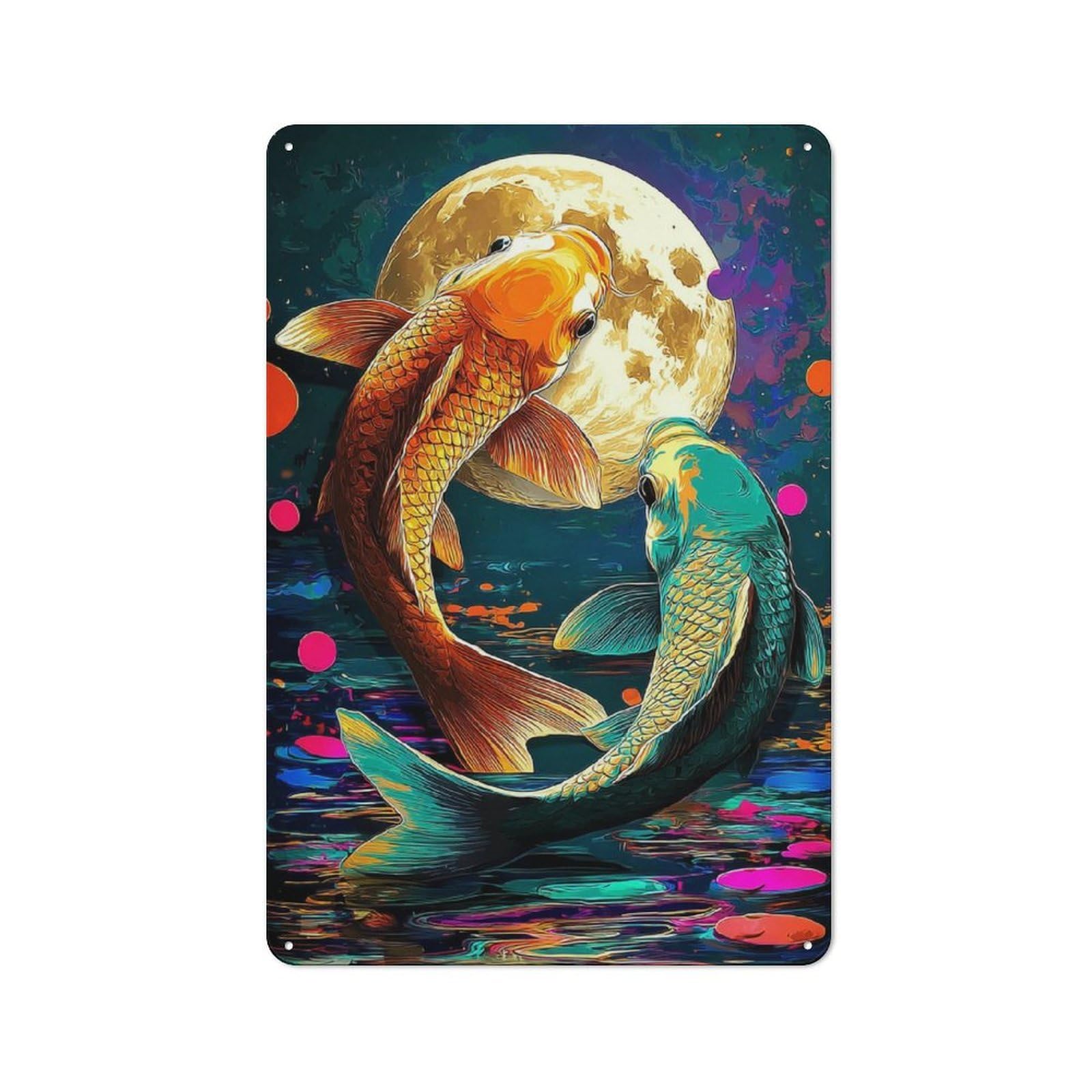 Junmoney Koi Fish Under The Moonlit Sky Vintage Metal Plaque 30X20cm For Café Or Restaurant, A Decorative Gift For A Newly Furnished Café And Restaurant