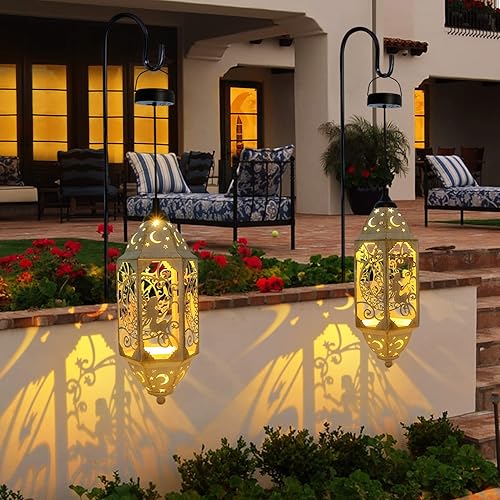 Miniatura 5 de Juego de 3 faroles solares para exteriores, impermeables, colgantes, faroles solares de hadas, decoración de jardín, luces LED de metal, luna,