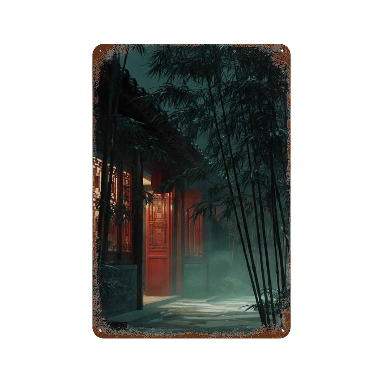 xiaoxiaoshen Misty Bamboo Garden at Night Tranquil Chinese Courtyard Red Temple Lanterns Wall Decor Art Metal Tin Poster Modern Home Decor Art Home Bar Shop Decorations Vintage Sign 30x20cm