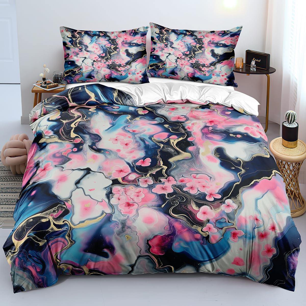 Housse de couette rose et bleu 140x200 pour rajeunir une décoration de chambre sombre